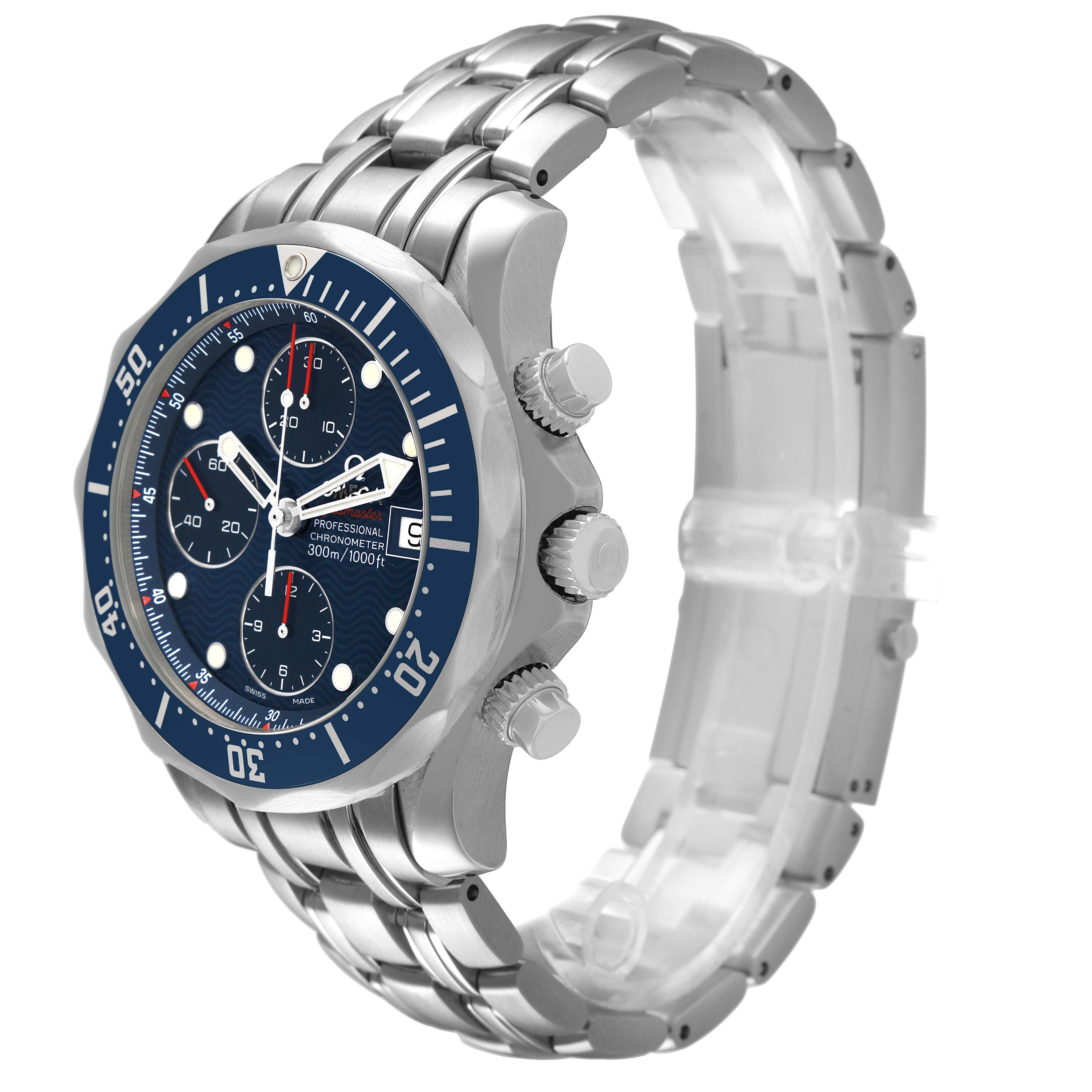 The image shows an Omega Seamaster 2225.80.00 Men's Stainless Steel Blue Dial watch at a three-quarter angle, highlighting the dial, bezel, crown, and stainless steel bracelet.
