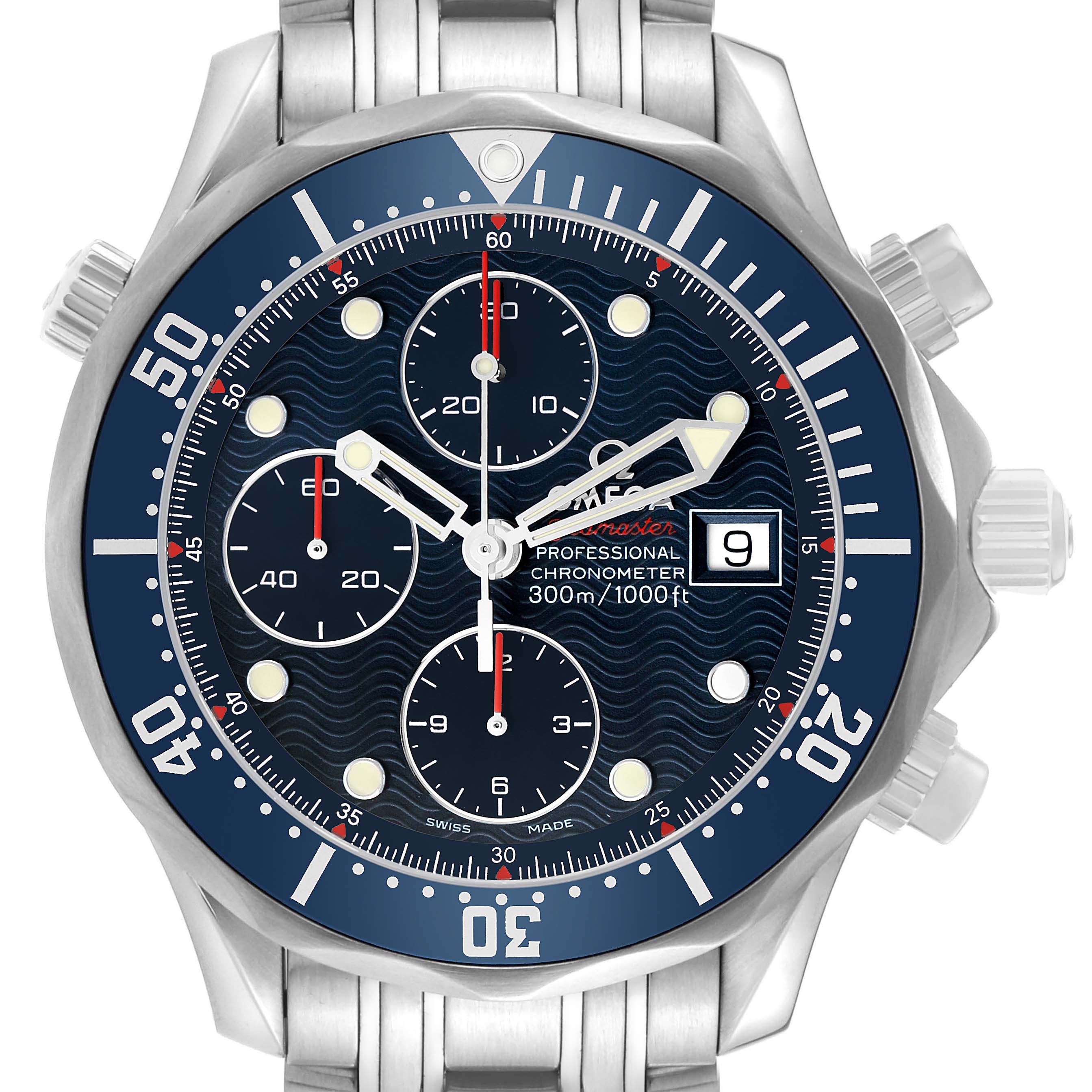 The Omega Seamaster 2225.80.00 Men's Stainless Steel Blue Dial watch is shown from a front angle, highlighting its face, subdials, and bezel.