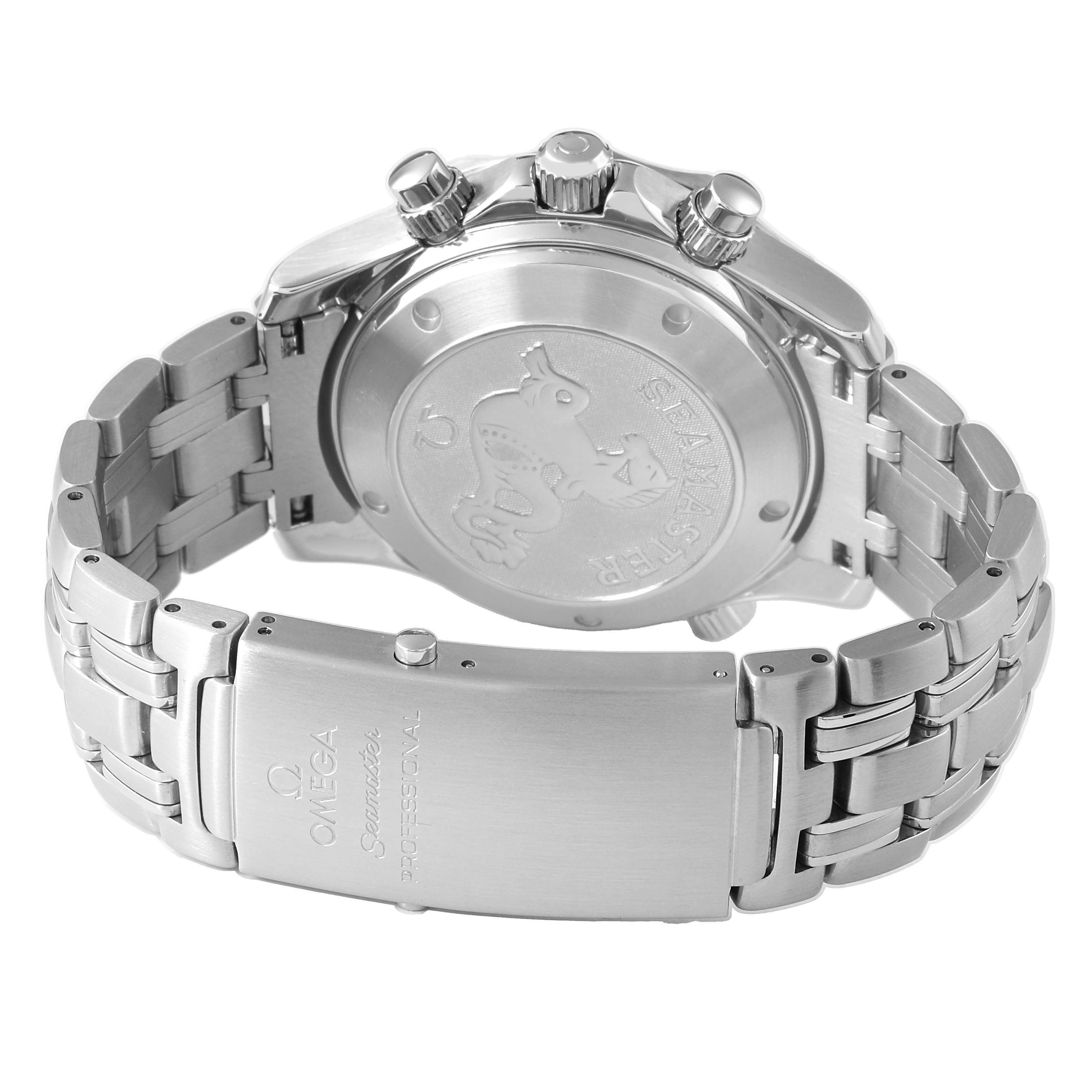 The image shows the back and clasp of an Omega Seamaster 2225.80.00 Men's Stainless Steel Blue Dial, highlighting the case back and stainless steel bracelet.