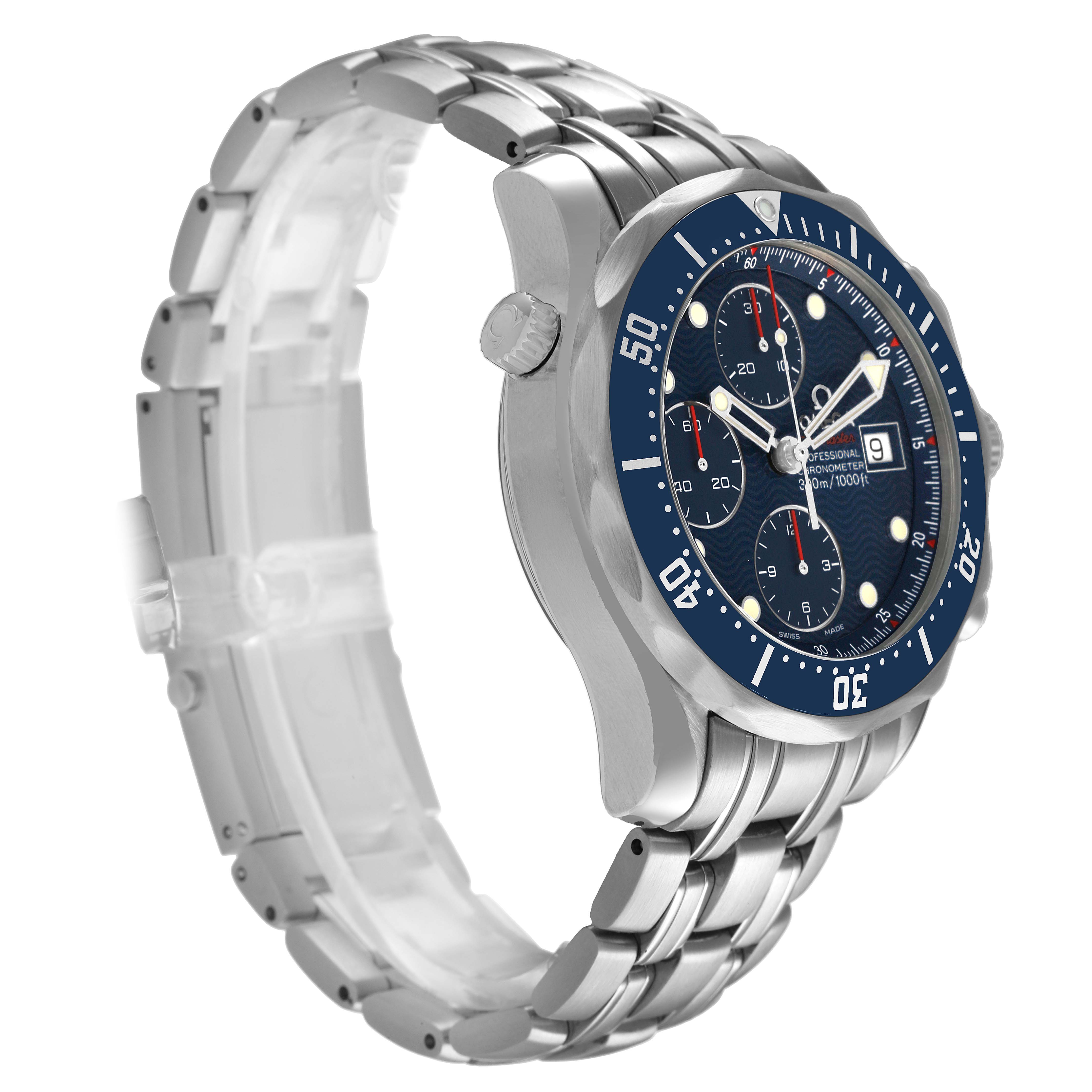 The Omega Seamaster 2225.80.00 Men's Stainless Steel Blue Dial watch is shown at a side angle, highlighting the bezel, dial, bracelet, and crown.