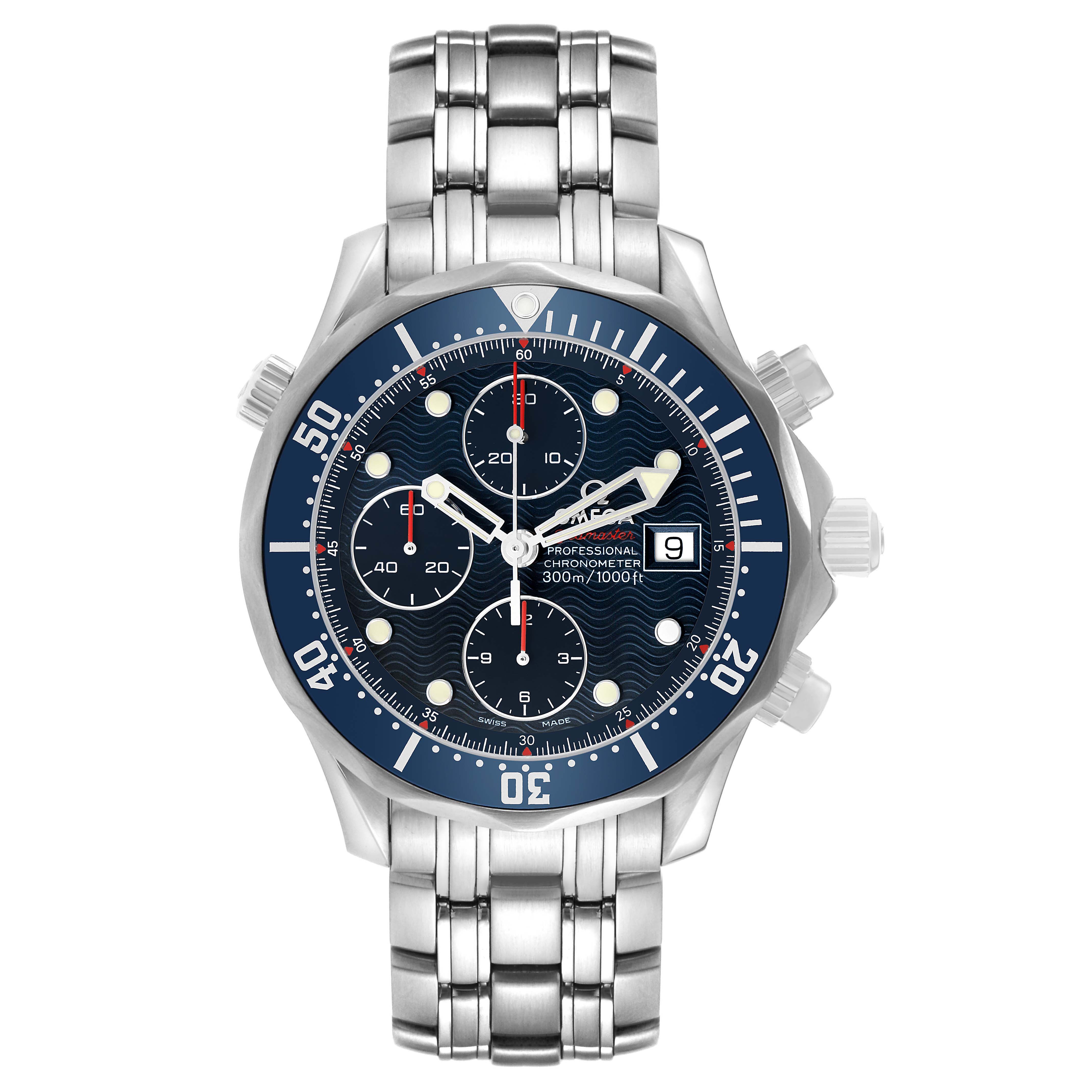 The Omega Seamaster 2225.80.00 Men's Stainless Steel Blue Dial watch is shown from a front view, displaying the dial, bezel, and bracelet clearly.