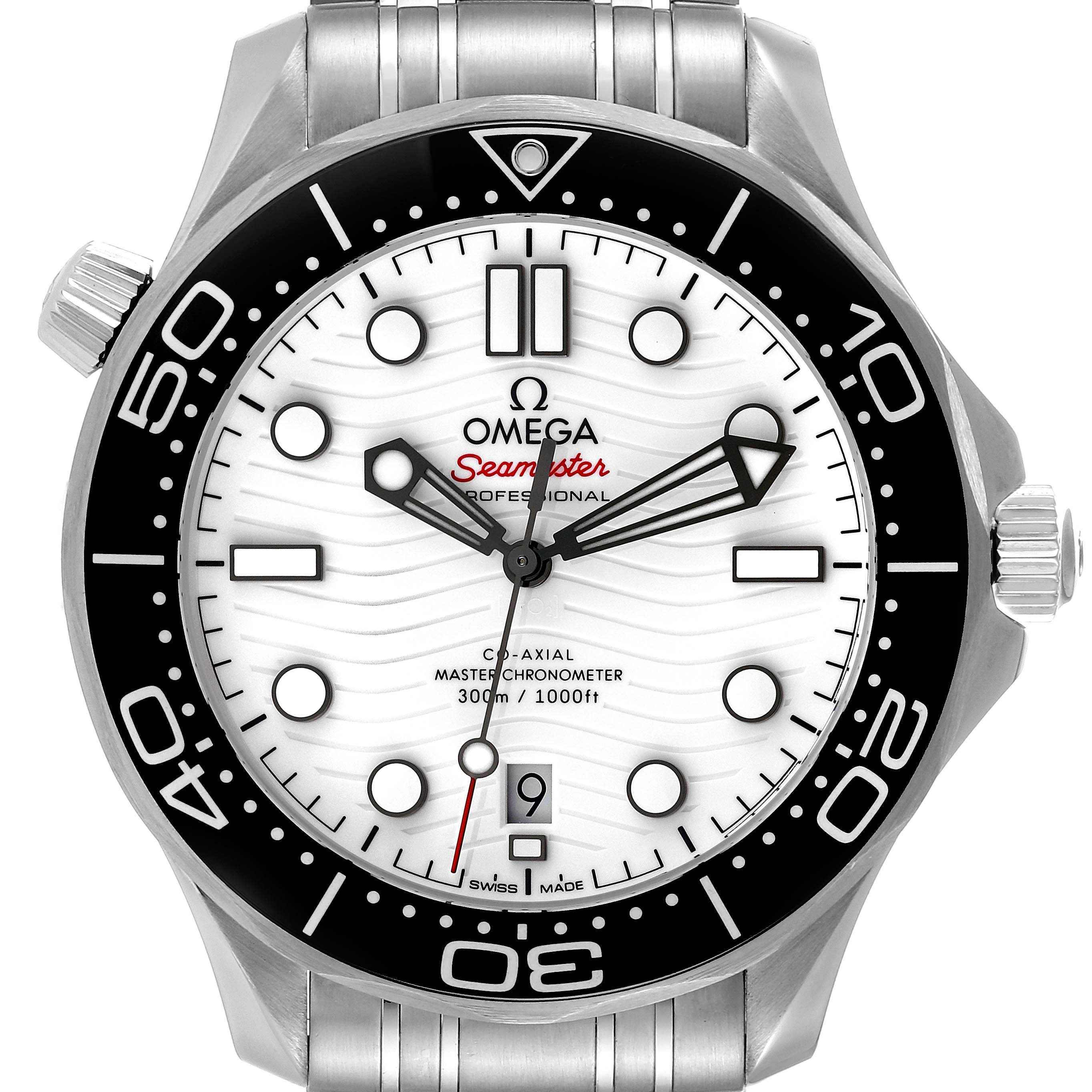 The image shows a front view of the Omega Seamaster 210.30.42.20.04.001 Men's Stainless Steel White Dial 210.30.42.20.04.001 Men's Stainless Steel White Dial watch, detailing its bezel, dial, hands, and part of the bracelet.