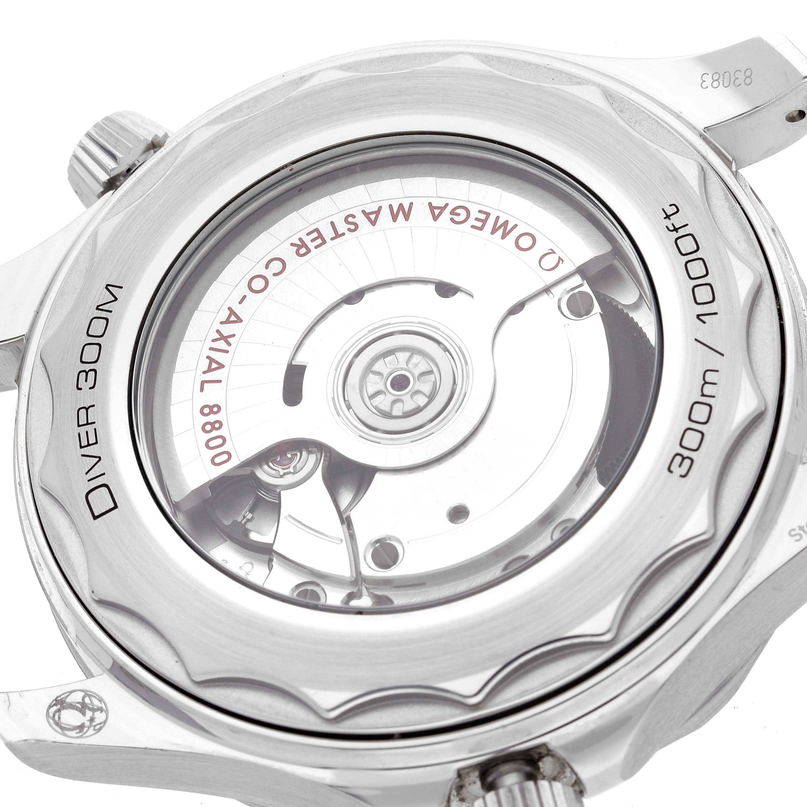 The image shows the case back of the Omega Seamaster 210.30.42.20.04.001 Men's Stainless Steel White Dial 210.30.42.20.04.001 Men's Stainless Steel White Dial model, displaying its mechanical movement and water resistance markings.