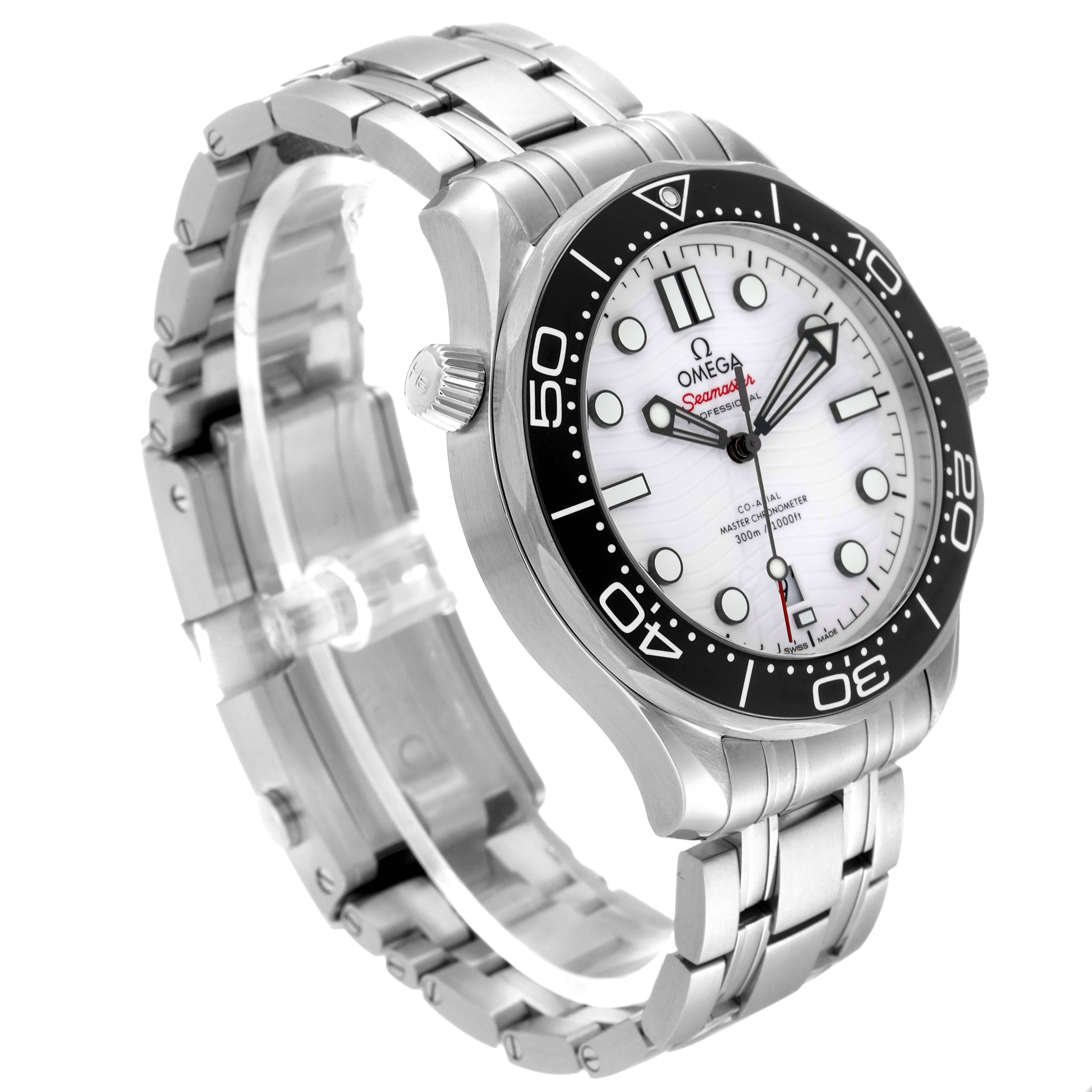 The image shows an Omega Seamaster 210.30.42.20.04.001 Men's Stainless Steel White Dial 210.30.42.20.04.001 Men's Stainless Steel White Dial watch from a three-quarter angle, displaying the face, bezel, crown, and bracelet.