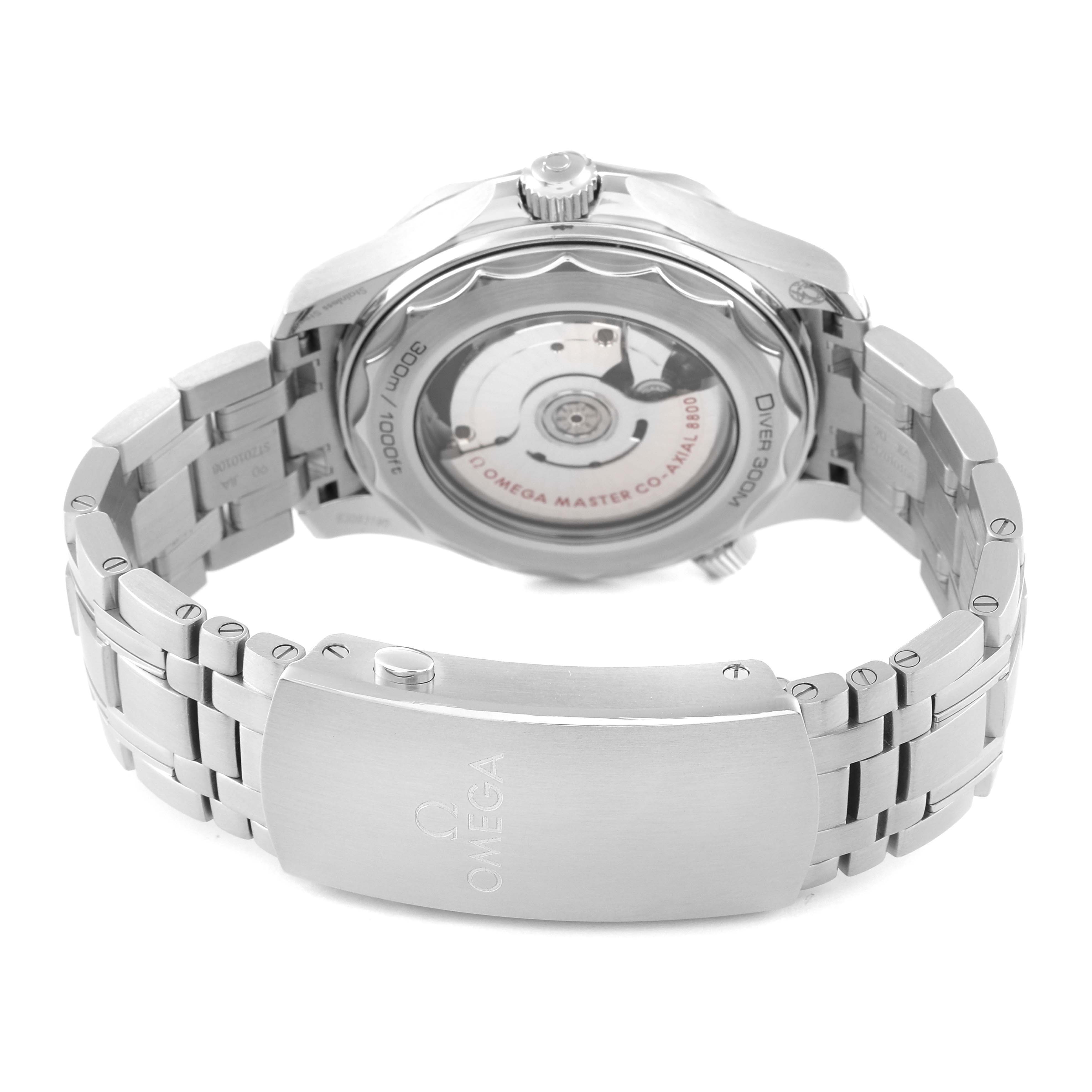 The image shows the back view of an Omega Seamaster 210.30.42.20.04.001 Men's Stainless Steel White Dial 210.30.42.20.04.001 Men's Stainless Steel White Dial watch, focusing on its stainless steel bracelet and transparent case back.