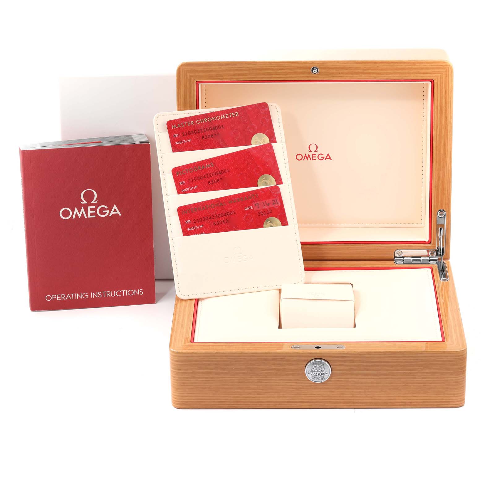 The image shows the packaging, operating instructions, and certification cards for an Omega Seamaster 210.30.42.20.04.001 Men's Stainless Steel White Dial 210.30.42.20.04.001 Men's Stainless Steel White Dial watch.