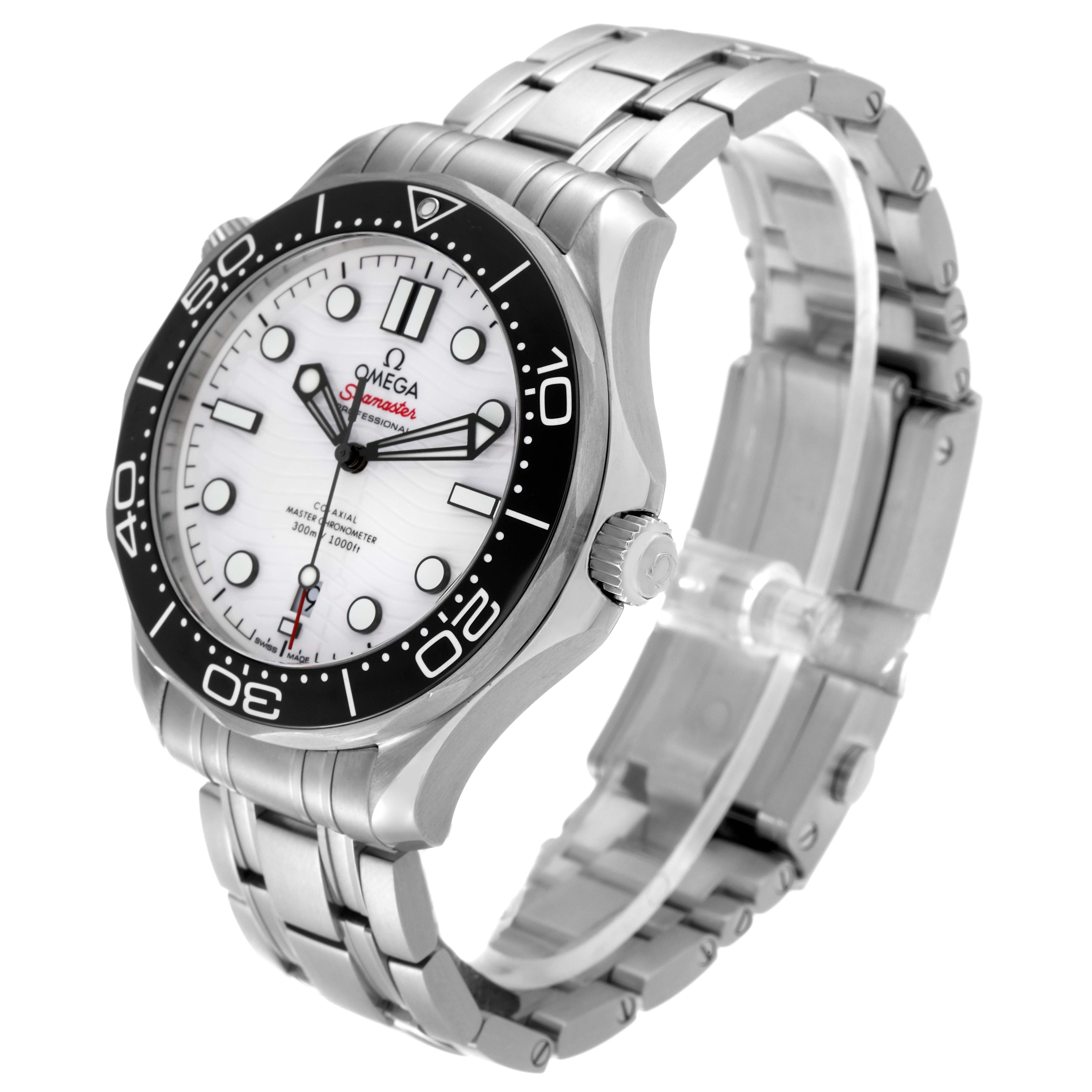 The Omega Seamaster 210.30.42.20.04.001 Men's Stainless Steel White Dial 210.30.42.20.04.001 Men's Stainless Steel White Dial watch is shown at an angle, highlighting the face, bezel, crown, and part of the bracelet.