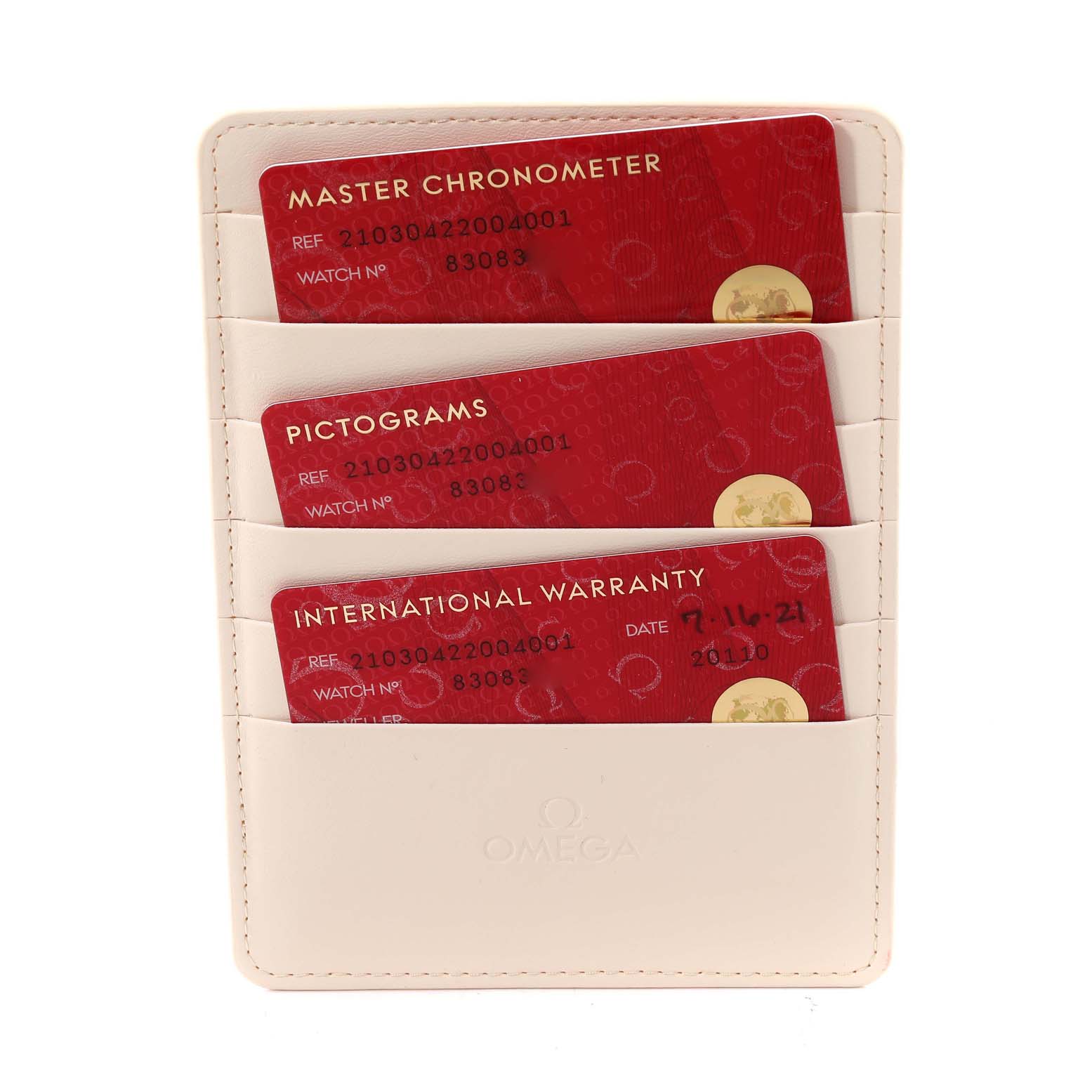 The image shows three red cards for the Omega Seamaster 210.30.42.20.04.001 Men's Stainless Steel White Dial 210.30.42.20.04.001 Men's Stainless Steel White Dial model, including Master Chronometer, Pictograms, and International Warranty, in a white holder.