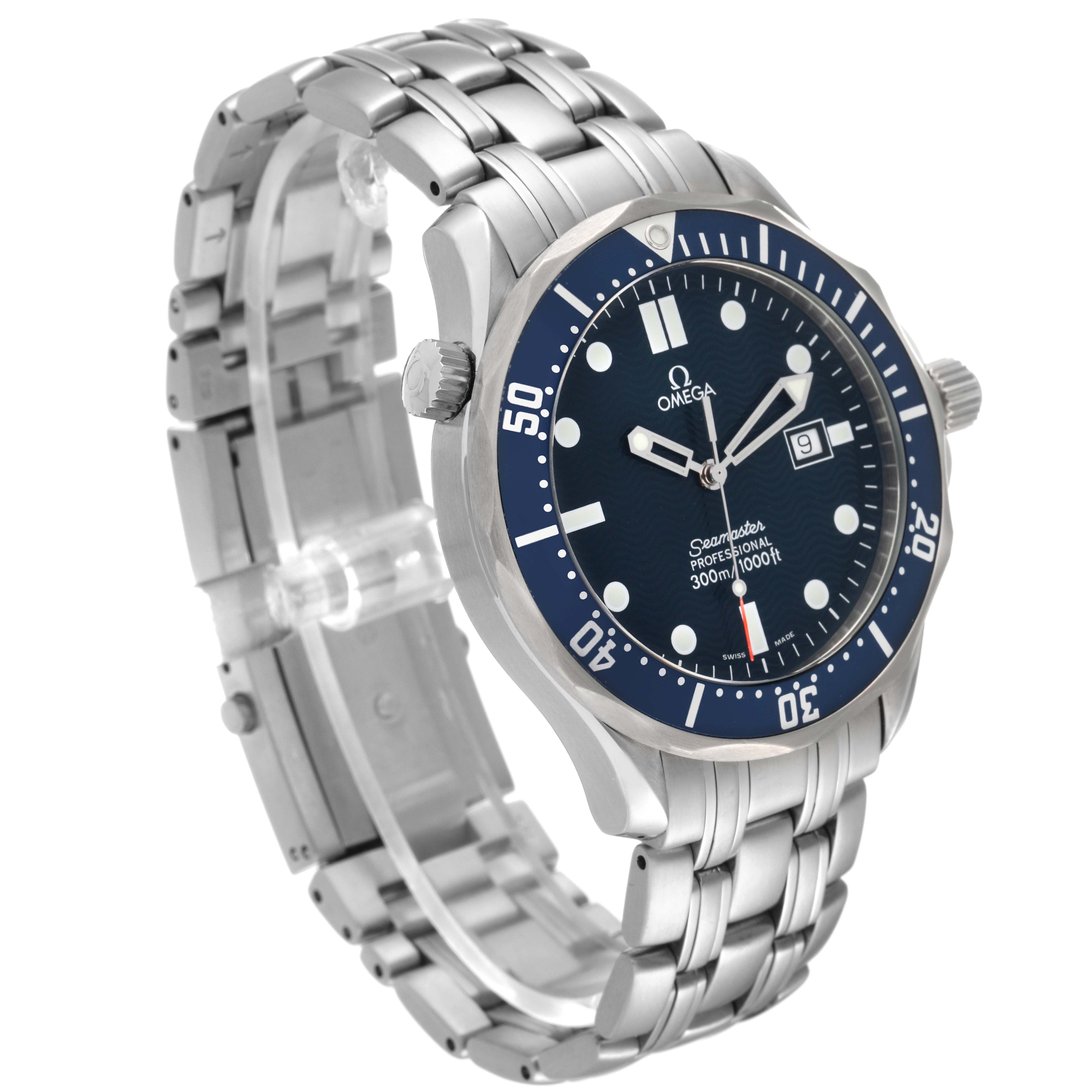The image shows a side angle of an Omega Seamaster 2541.80.00 Men's Stainless Steel Blue Dial 2541.80.00 Men's Stainless Steel Blue Dial watch, highlighting the dial, bezel, crown, and bracelet.