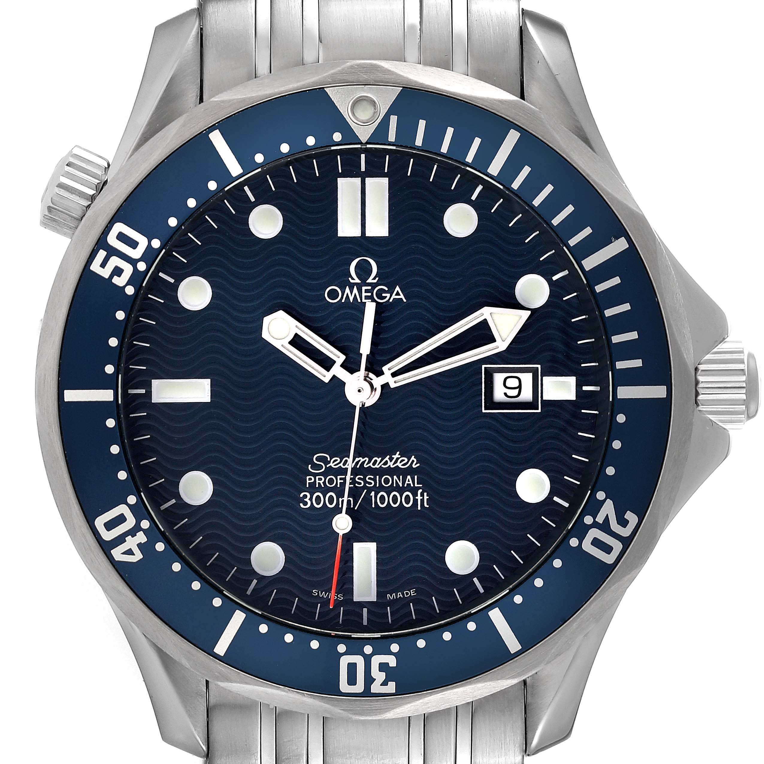 The image shows a front view of an Omega Seamaster 2541.80.00 Men's Stainless Steel Blue Dial 2541.80.00 Men's Stainless Steel Blue Dial watch, highlighting the dial, bezel, hands, and part of the bracelet.