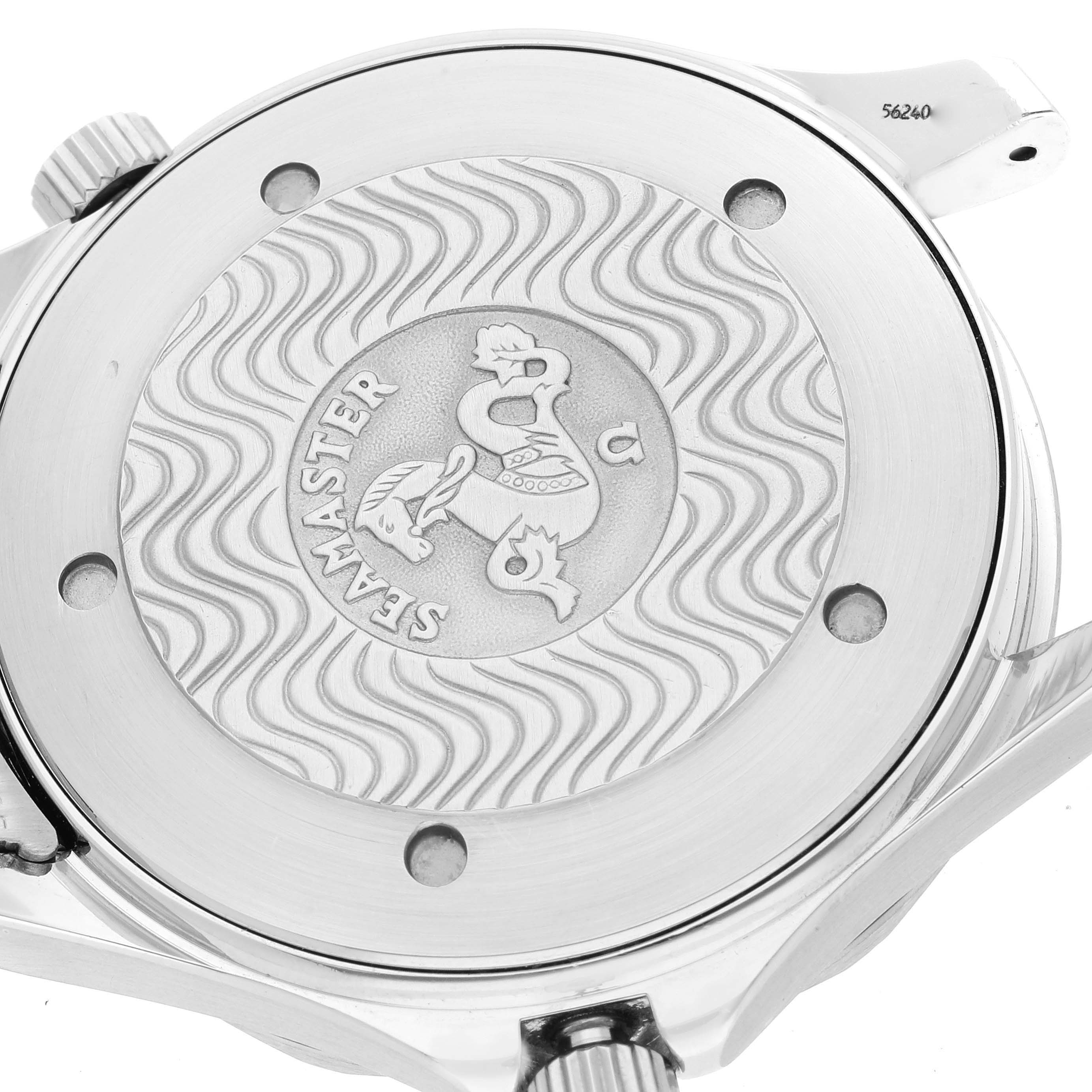 The image shows the case back of an Omega Seamaster 2541.80.00 Men's Stainless Steel Blue Dial 2541.80.00 Men's Stainless Steel Blue Dial watch, featuring the engraved logo and wave pattern.