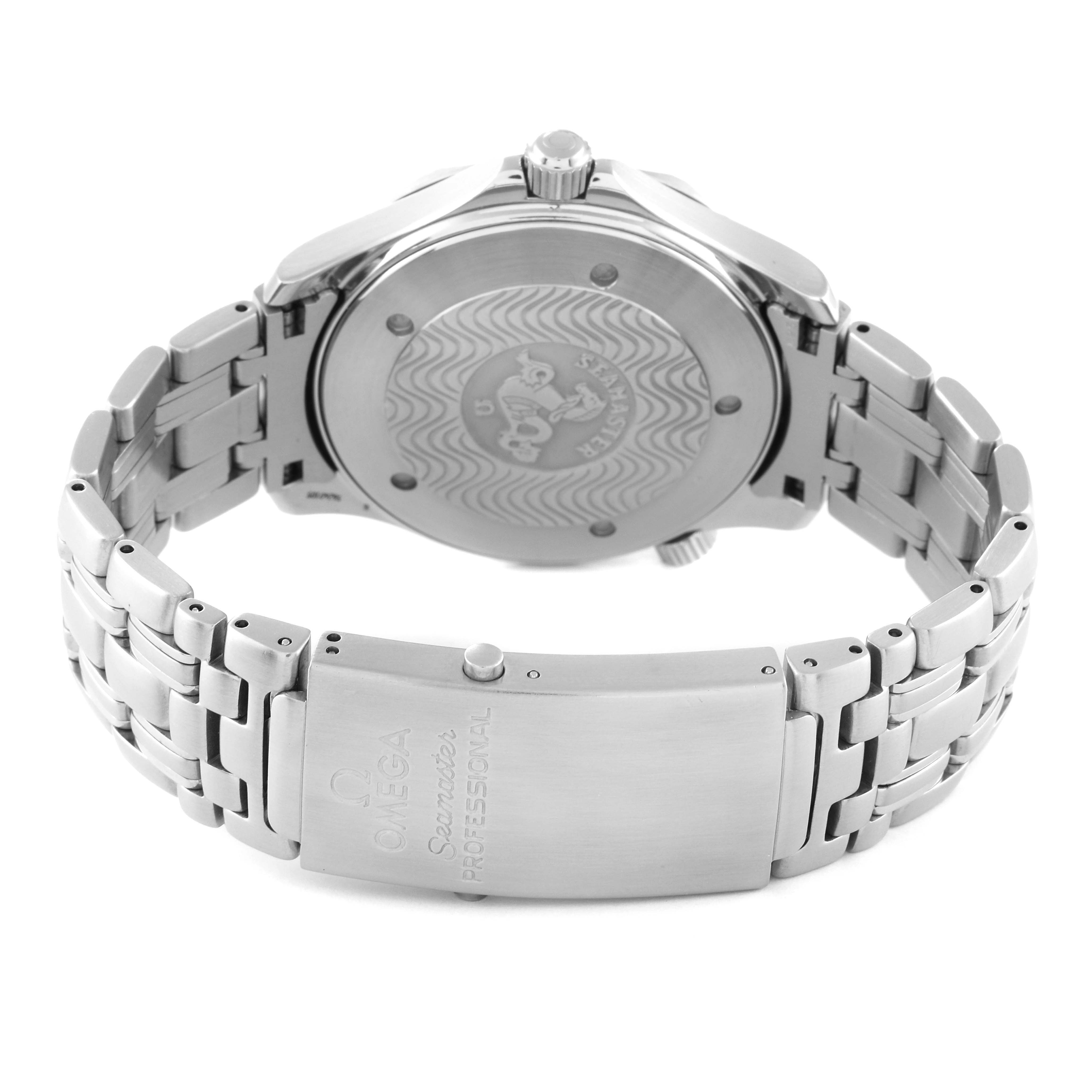 The image shows the back and bracelet of an Omega Seamaster 2541.80.00 Men's Stainless Steel Blue Dial 2541.80.00 Men's Stainless Steel Blue Dial watch, emphasizing the clasp and case back.