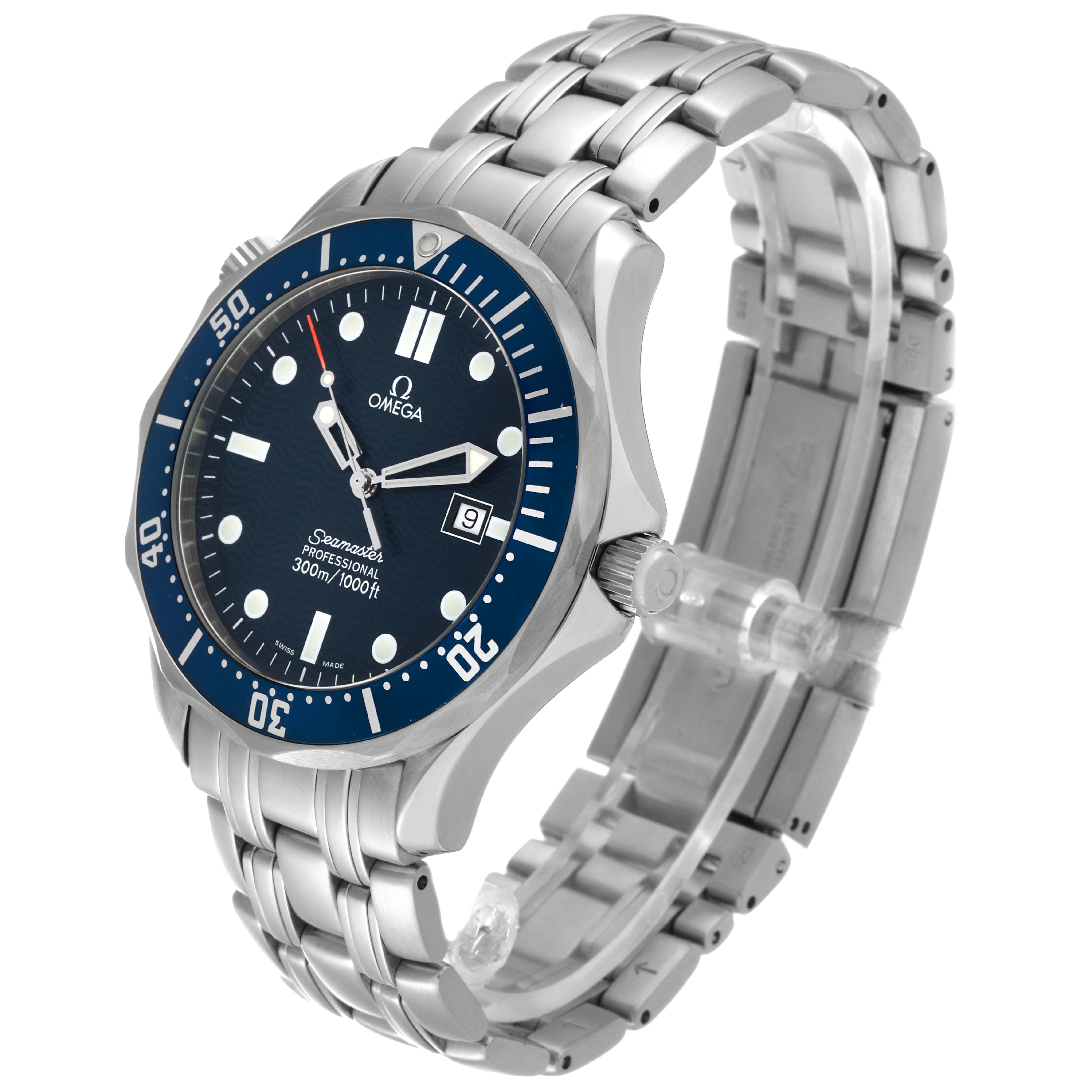 The Omega Seamaster 2541.80.00 Men's Stainless Steel Blue Dial 2541.80.00 Men's Stainless Steel Blue Dial watch is shown from a three-quarter angle, displaying its bracelet, bezel, and dial clearly.