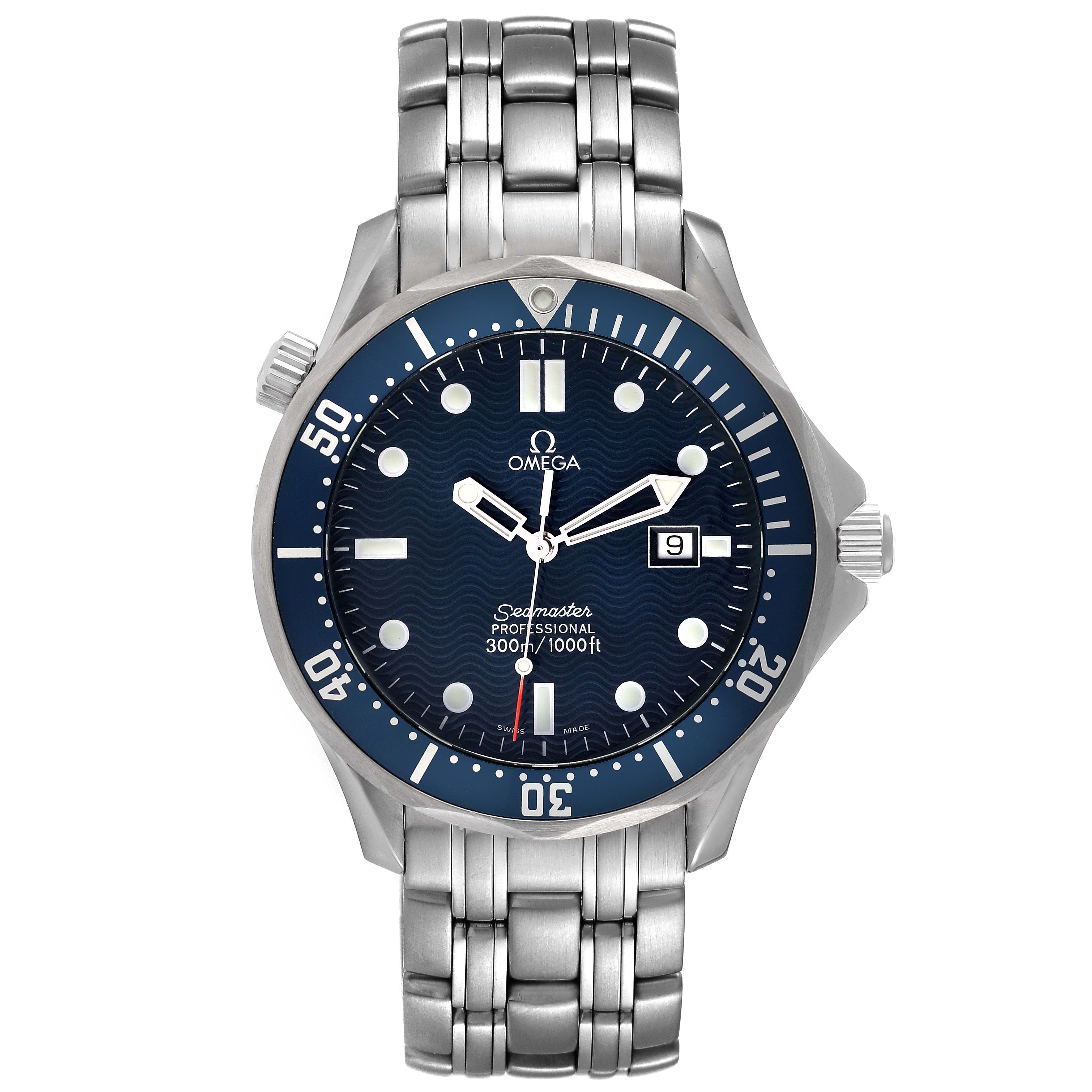 The image shows a front view of an Omega Seamaster 2541.80.00 Men's Stainless Steel Blue Dial 2541.80.00 Men's Stainless Steel Blue Dial watch, highlighting its dial, bezel, hands, and bracelet.