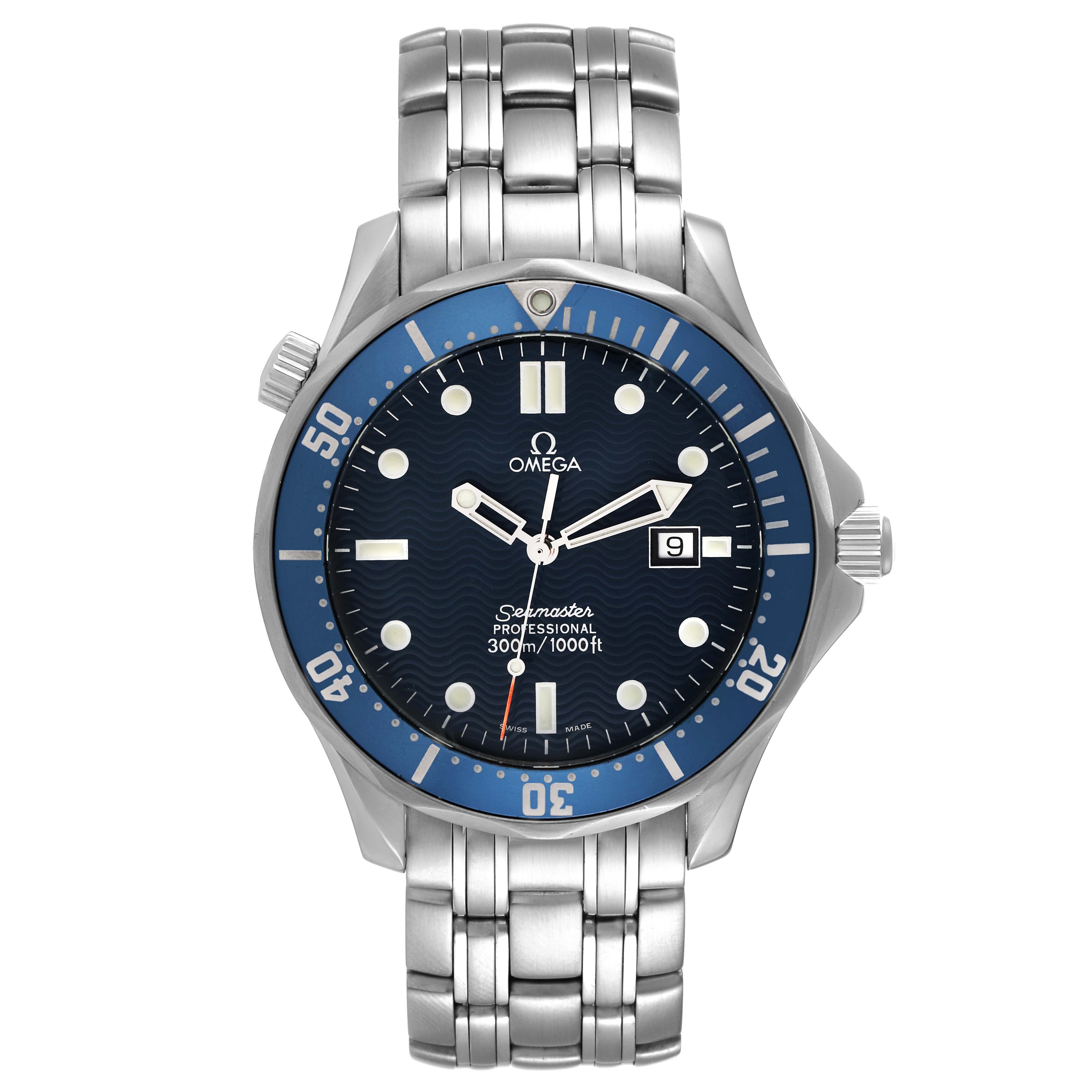This image shows a front view of the Omega Seamaster 2541.80.00 Men's Stainless Steel Blue Dial 2541.80.00 Men's Stainless Steel Blue Dial watch, featuring its dial, bezel, and bracelet.