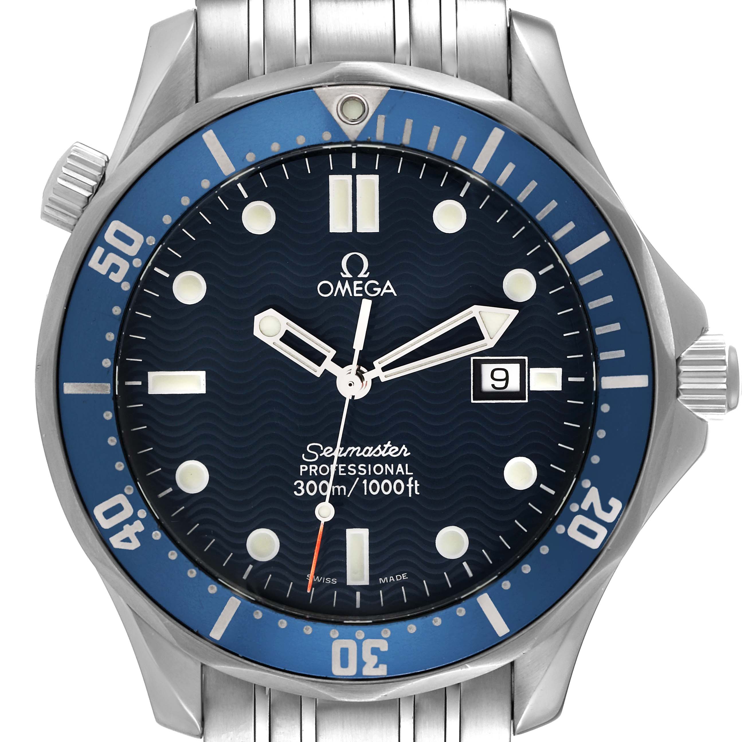 The image shows a front angle of an Omega Seamaster 2541.80.00 Men's Stainless Steel Blue Dial 2541.80.00 Men's Stainless Steel Blue Dial watch, highlighting its blue dial, hands, indices, date window, and part of the metal bracelet.