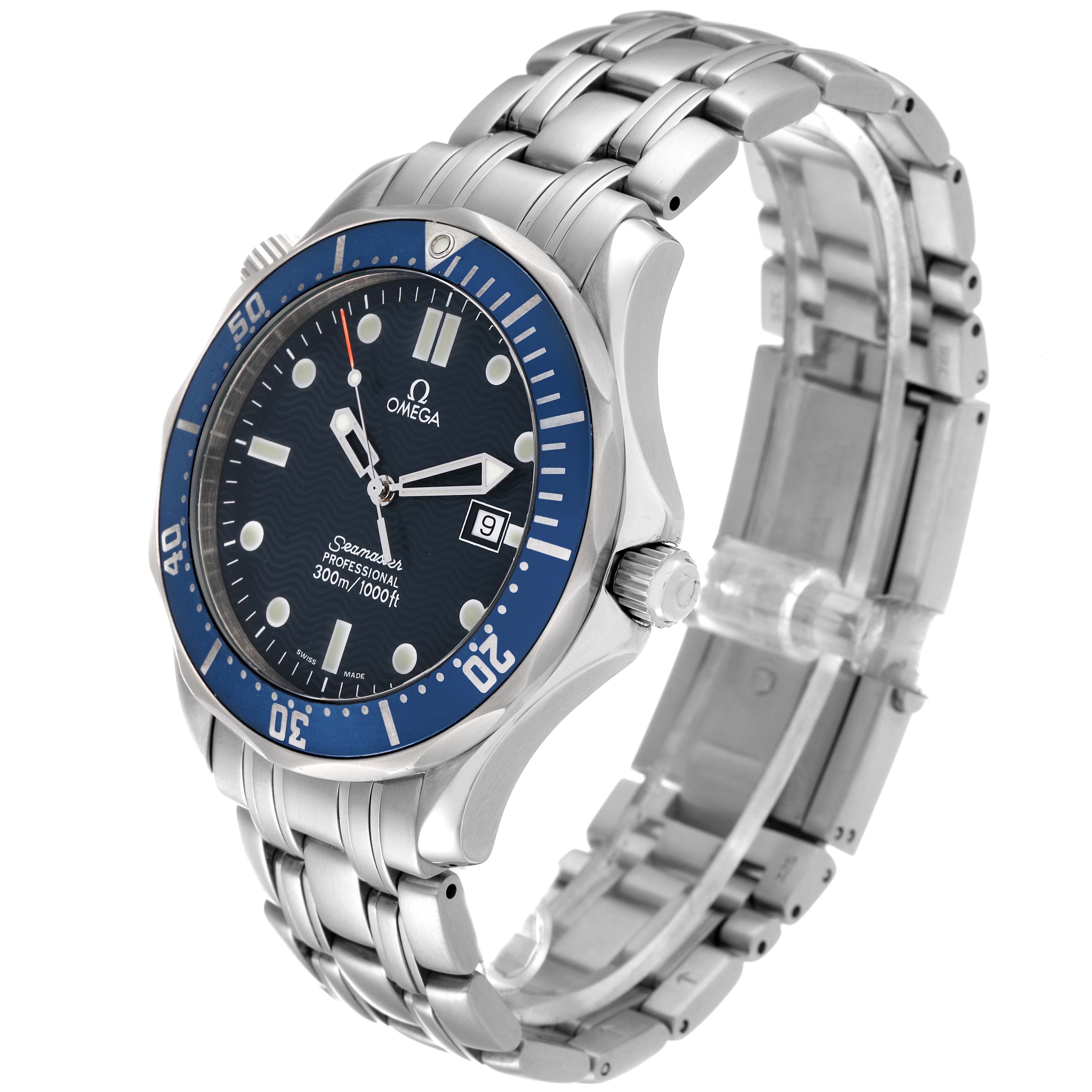 The Omega Seamaster 2541.80.00 Men's Stainless Steel Blue Dial 2541.80.00 Men's Stainless Steel Blue Dial watch is shown at an angle, displaying the face, bezel, crown, and metal bracelet clearly.