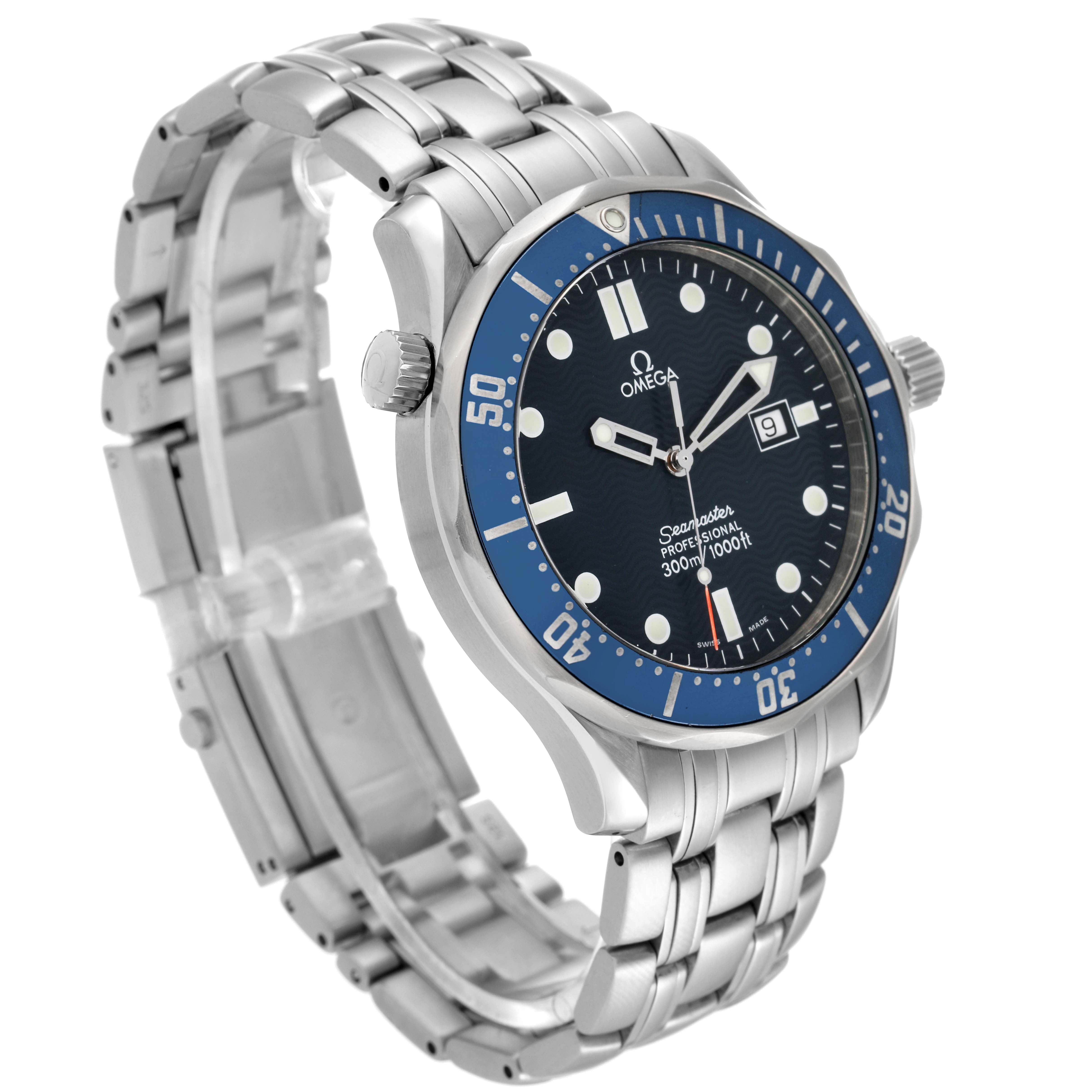 The image shows an Omega Seamaster 2541.80.00 Men's Stainless Steel Blue Dial 2541.80.00 Men's Stainless Steel Blue Dial watch from a side angle, highlighting its stainless steel bracelet and blue dial with bezel.