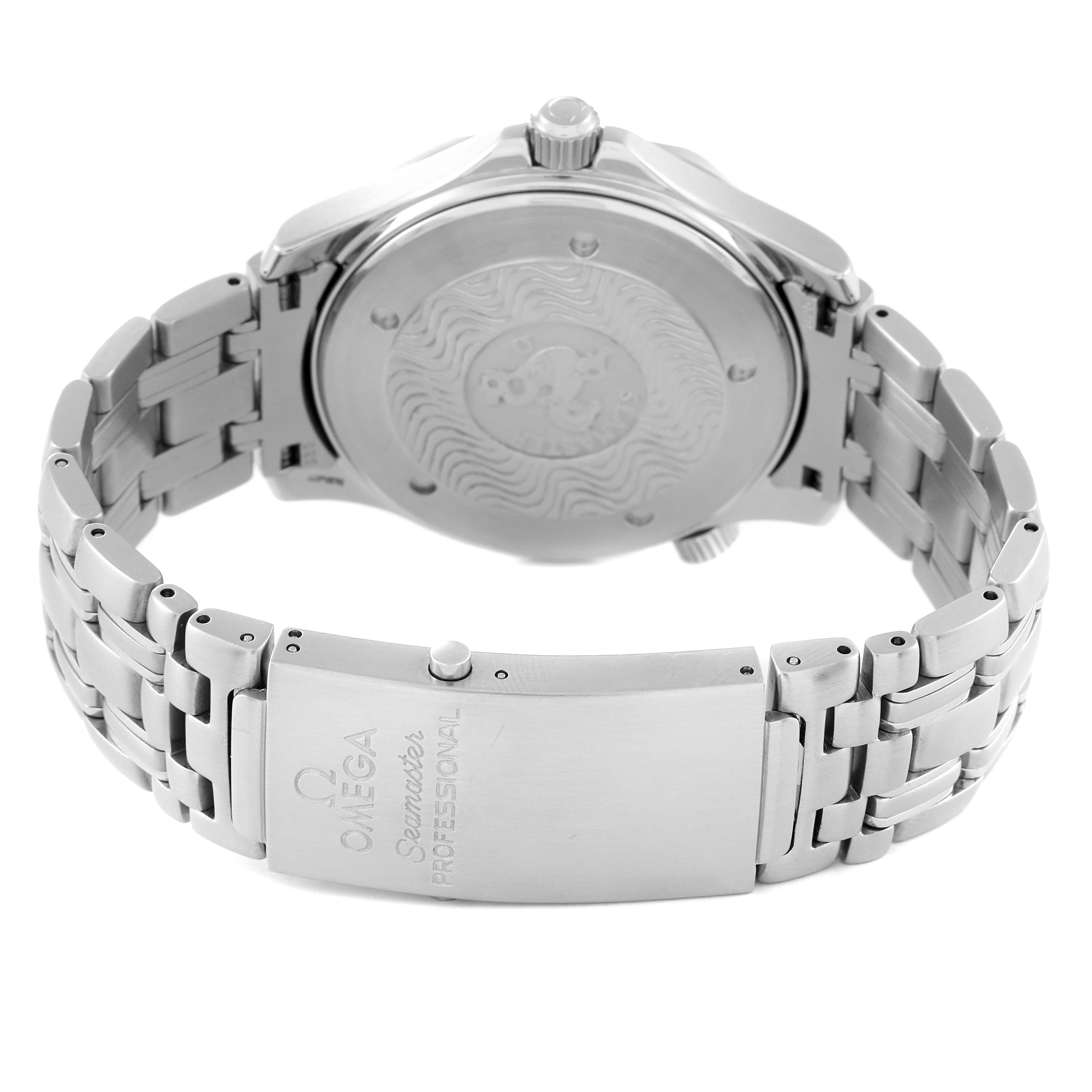 The image shows the back view of the Omega Seamaster 2541.80.00 Men's Stainless Steel Blue Dial 2541.80.00 Men's Stainless Steel Blue Dial watch and its metal bracelet with the clasp engraved with "Omega Seamaster 2541.80.00 Men's Stainless Steel Blue Dial 2541.80.00 Men's Stainless Steel Blue Dial Professional."