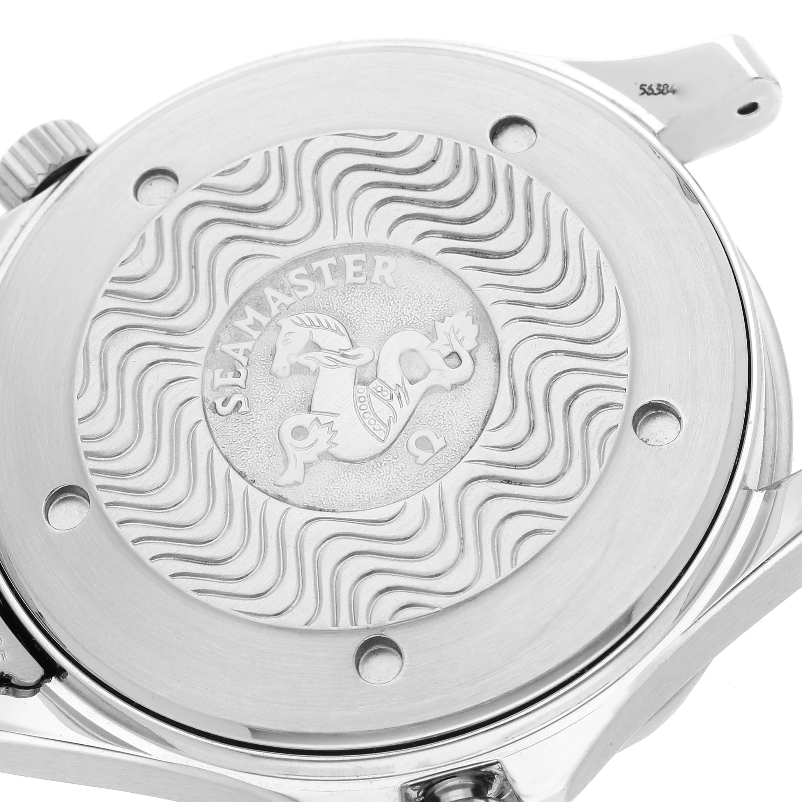 The image shows the case back of an Omega Seamaster 2541.80.00 Men's Stainless Steel Blue Dial 2541.80.00 Men's Stainless Steel Blue Dial watch, featuring an engraved Seamaster logo.