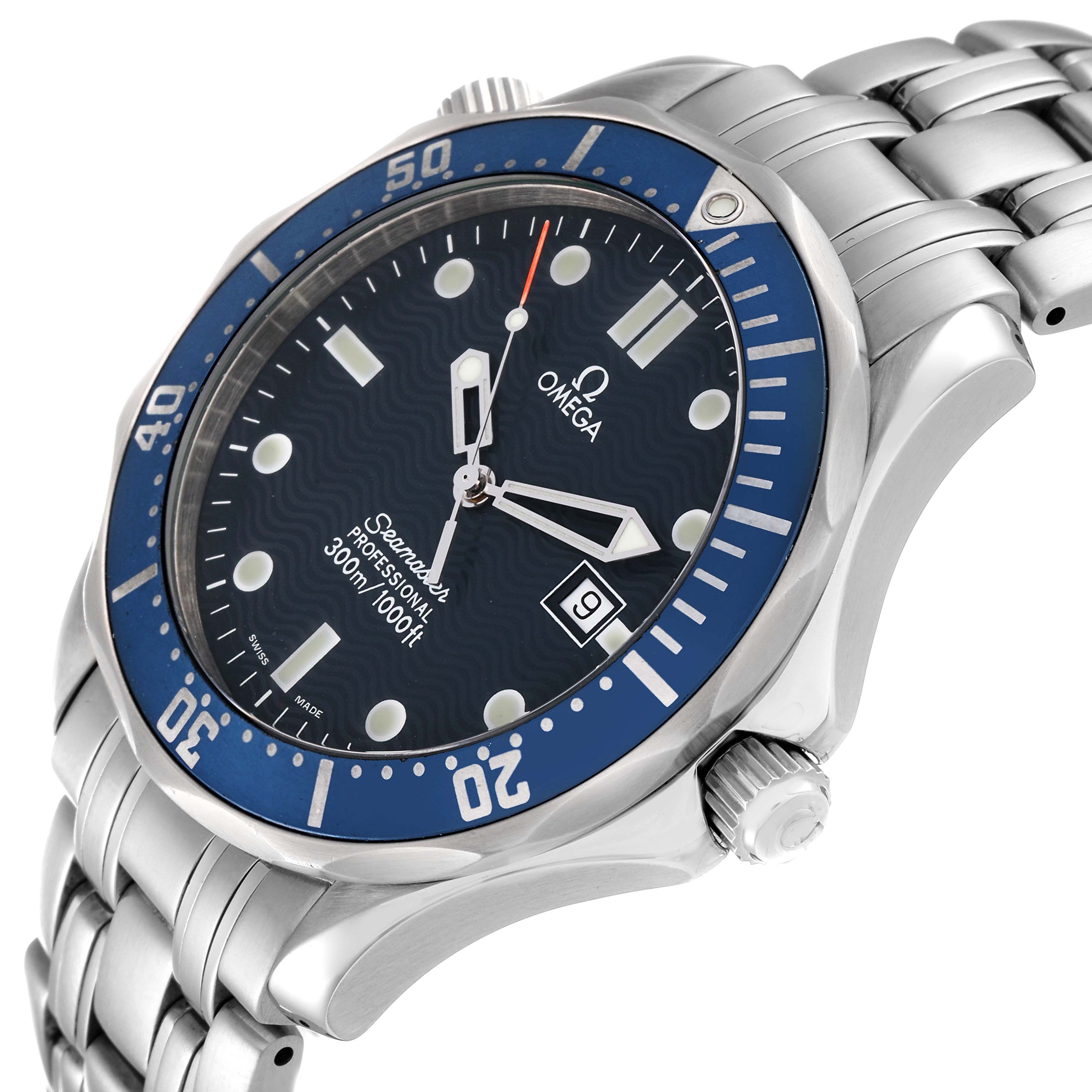 The image shows an angled view of the Omega Seamaster 2541.80.00 Men's Stainless Steel Blue Dial 2541.80.00 Men's Stainless Steel Blue Dial watch, highlighting its dial, bezel, crown, and metal bracelet.