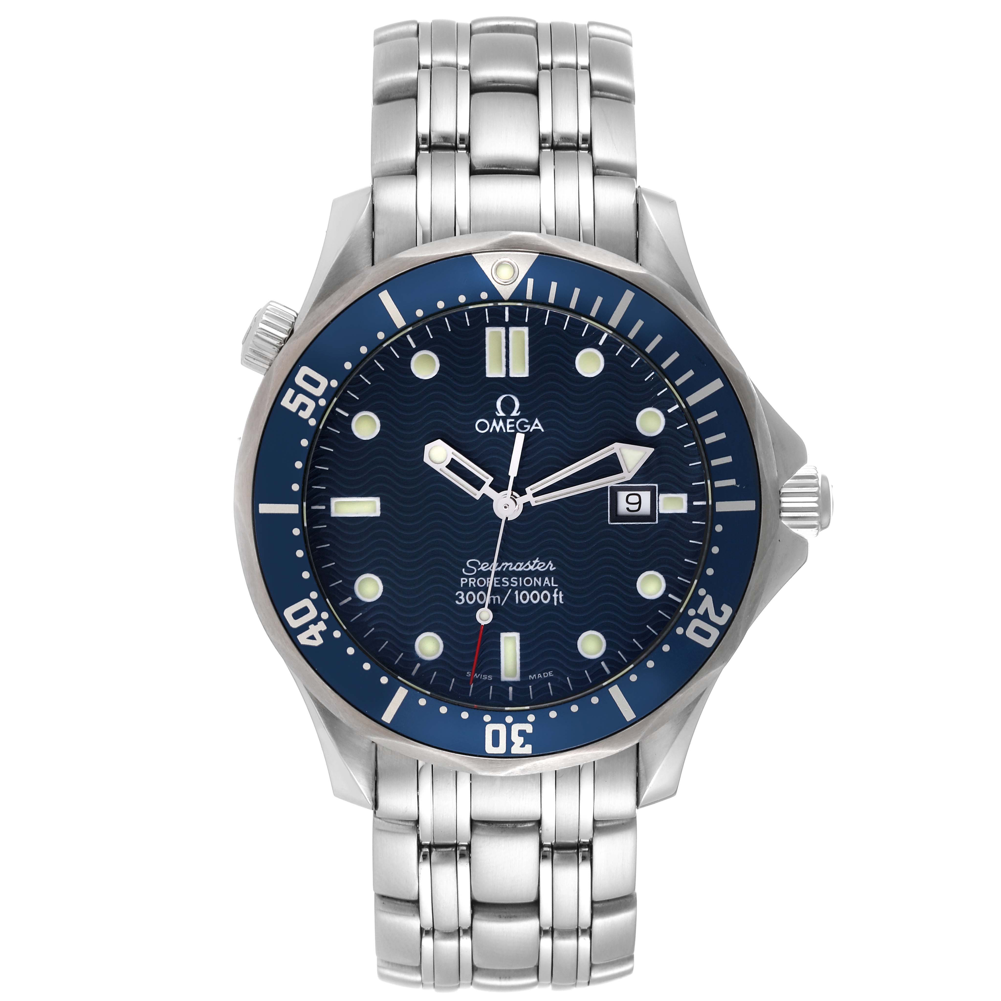 This image shows a front view of an Omega Seamaster 2541.80.00 Men's Stainless Steel Blue Dial 2541.80.00 Men's Stainless Steel Blue Dial watch, displaying its dial, bezel, and stainless steel bracelet.