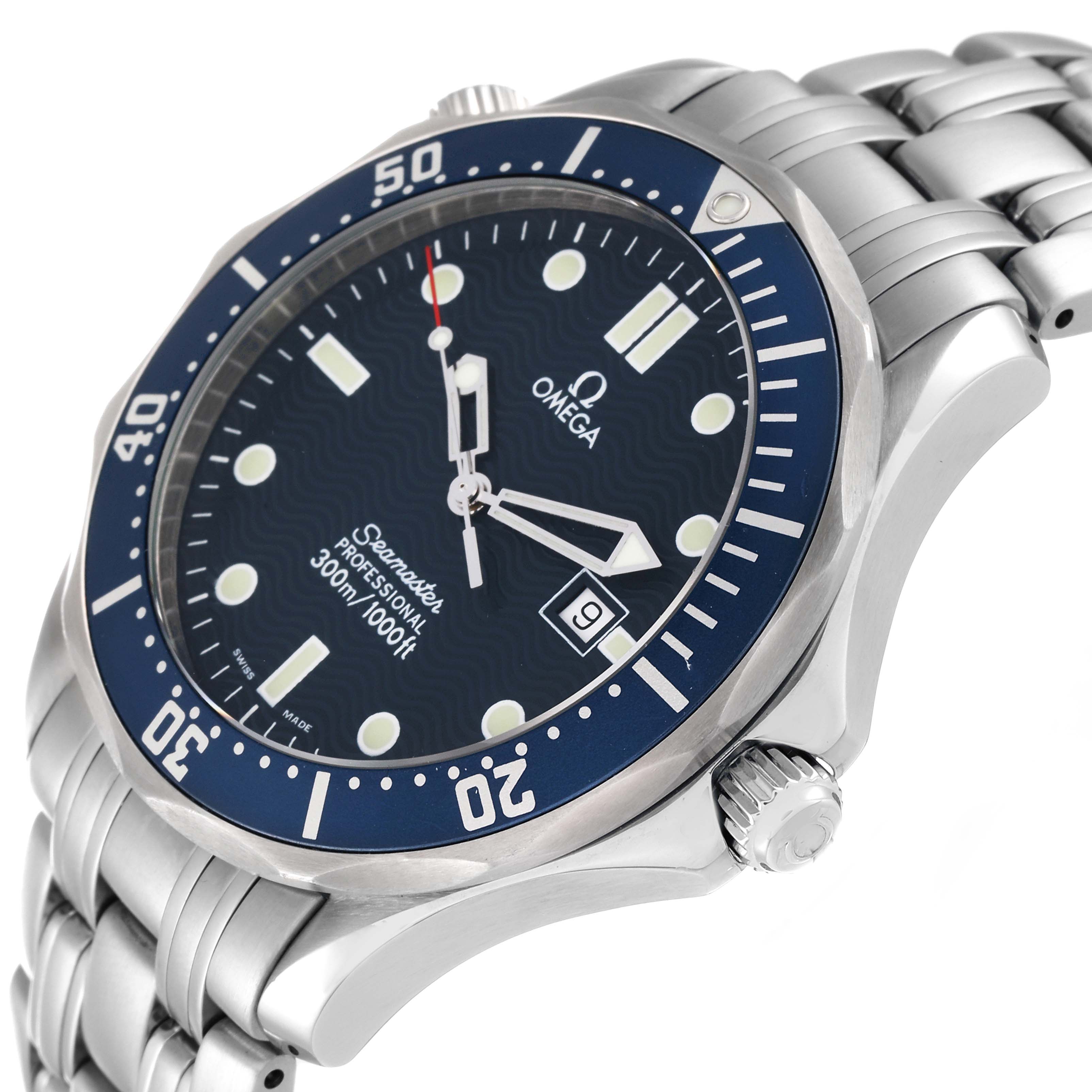 The image displays a side and partial front view of the Omega Seamaster 2541.80.00 Men's Stainless Steel Blue Dial 2541.80.00 Men's Stainless Steel Blue Dial watch showcasing the bezel, dial, crown, and bracelet.