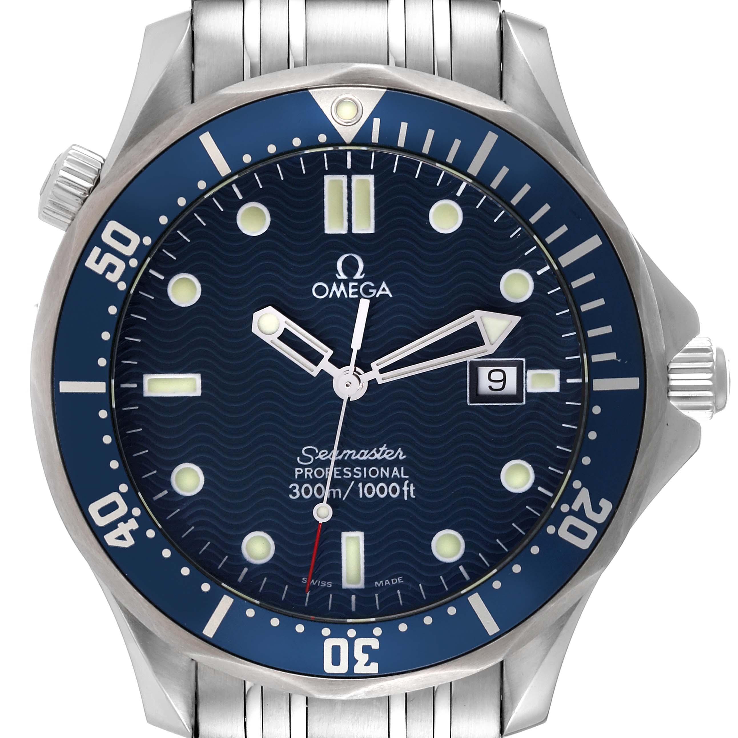 The image shows a front view of the Omega Seamaster 2541.80.00 Men's Stainless Steel Blue Dial 2541.80.00 Men's Stainless Steel Blue Dial watch, highlighting its dial, bezel, and part of the bracelet.