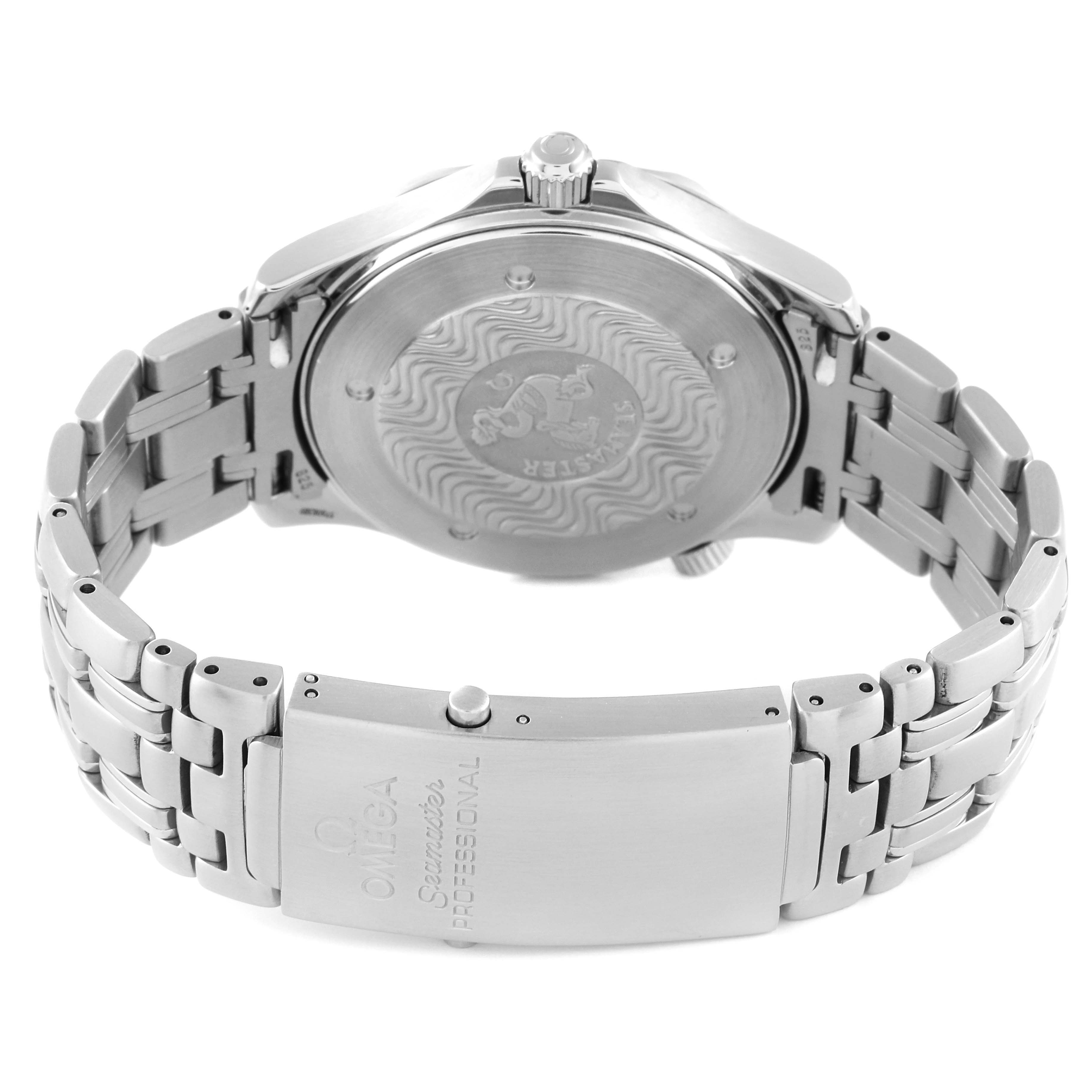 The image shows the back and bracelet of an Omega Seamaster 2541.80.00 Men's Stainless Steel Blue Dial 2541.80.00 Men's Stainless Steel Blue Dial watch at an angle that highlights the clasp and case back.