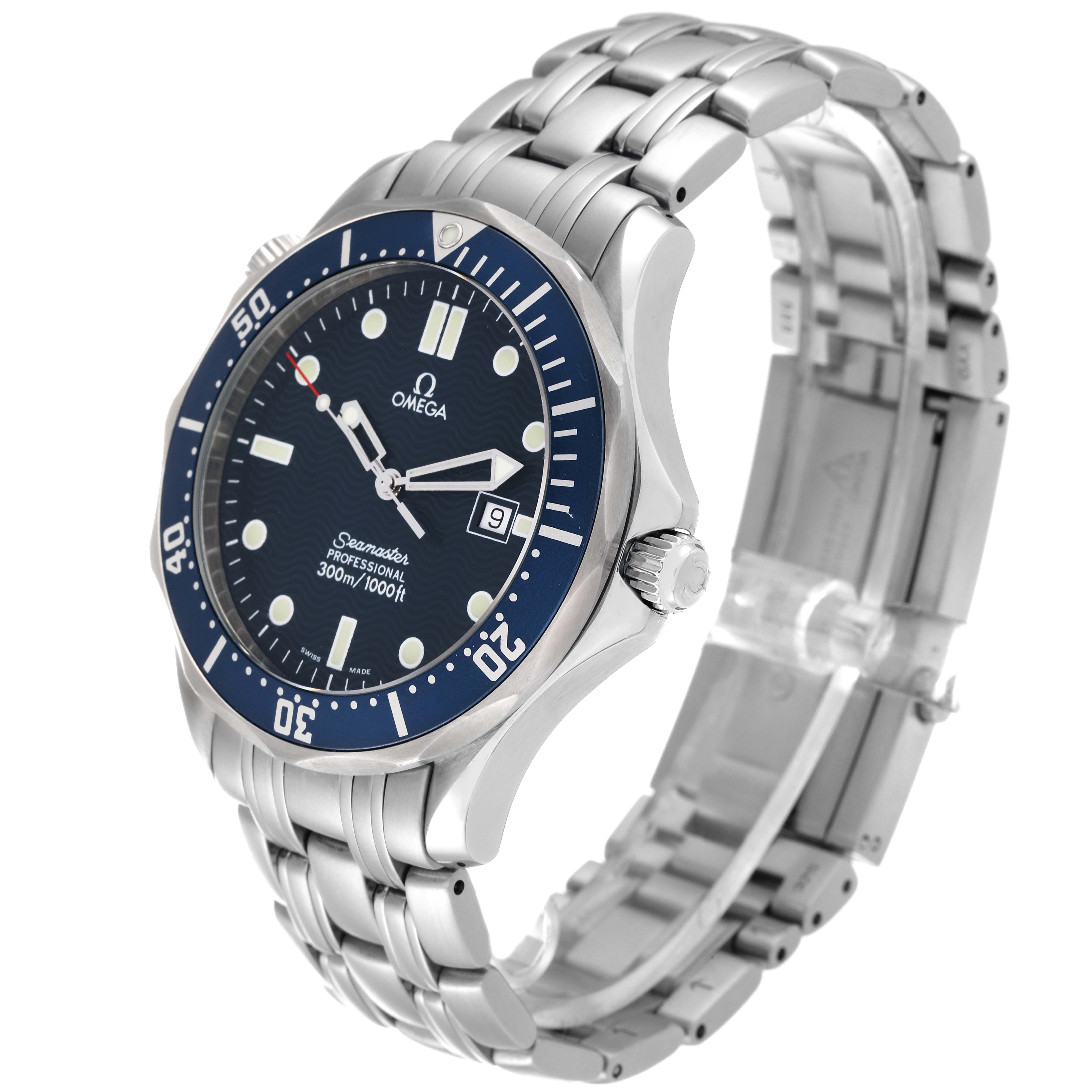 The image shows a side angle of an Omega Seamaster 2541.80.00 Men's Stainless Steel Blue Dial 2541.80.00 Men's Stainless Steel Blue Dial watch, highlighting its face, bezel, crown, and bracelet.