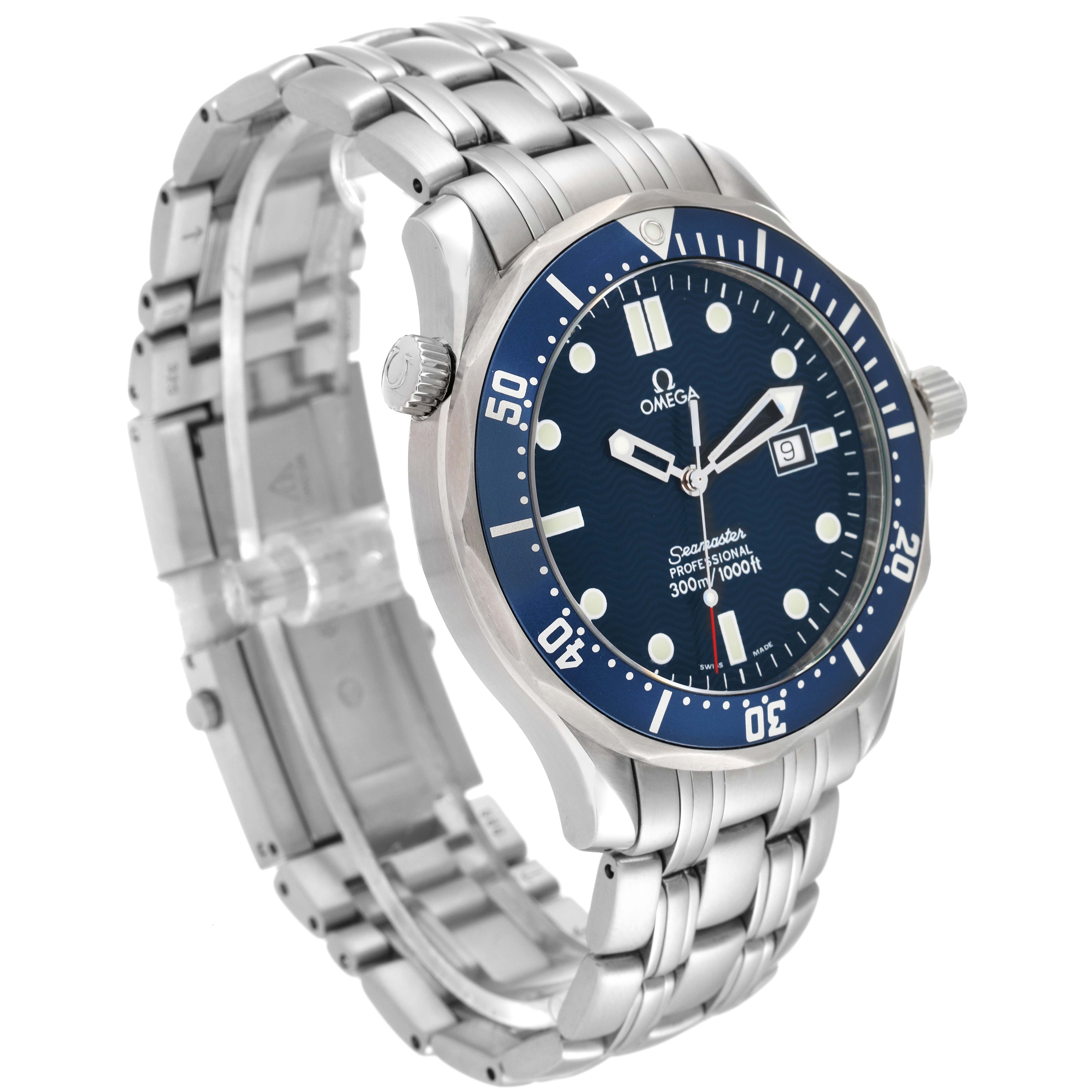 The image shows an Omega Seamaster 2541.80.00 Men's Stainless Steel Blue Dial 2541.80.00 Men's Stainless Steel Blue Dial watch at a slight angle, highlighting the blue dial, bezel, and metal bracelet.
