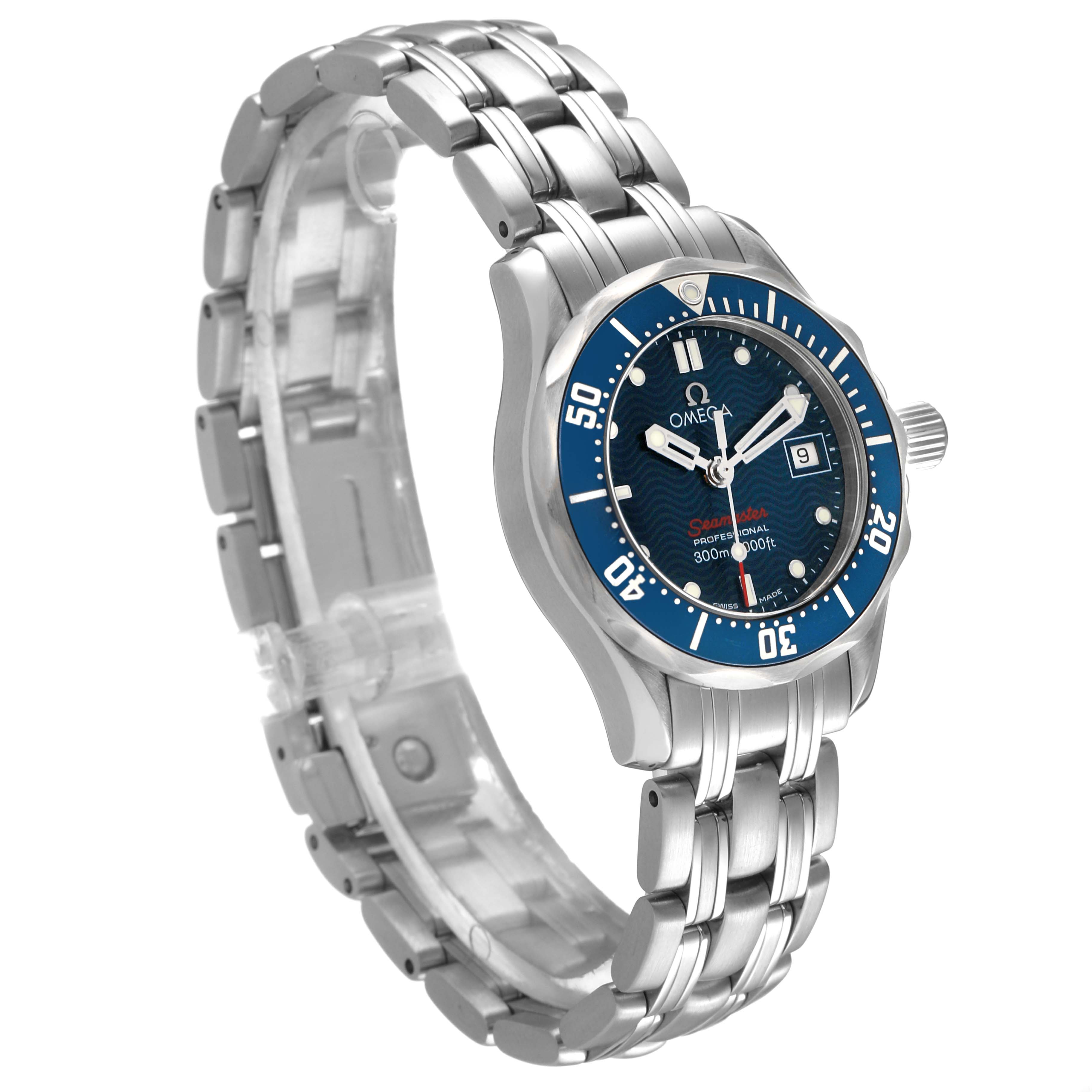 The image shows the Omega 2224.80.00 Women's Stainless Steel Blue Dial Seamaster Diver 300M Steel Blue Dial Ladies Watch 2224.80.00 at a three-quarter angle, highlighting the bezel and bracelet.