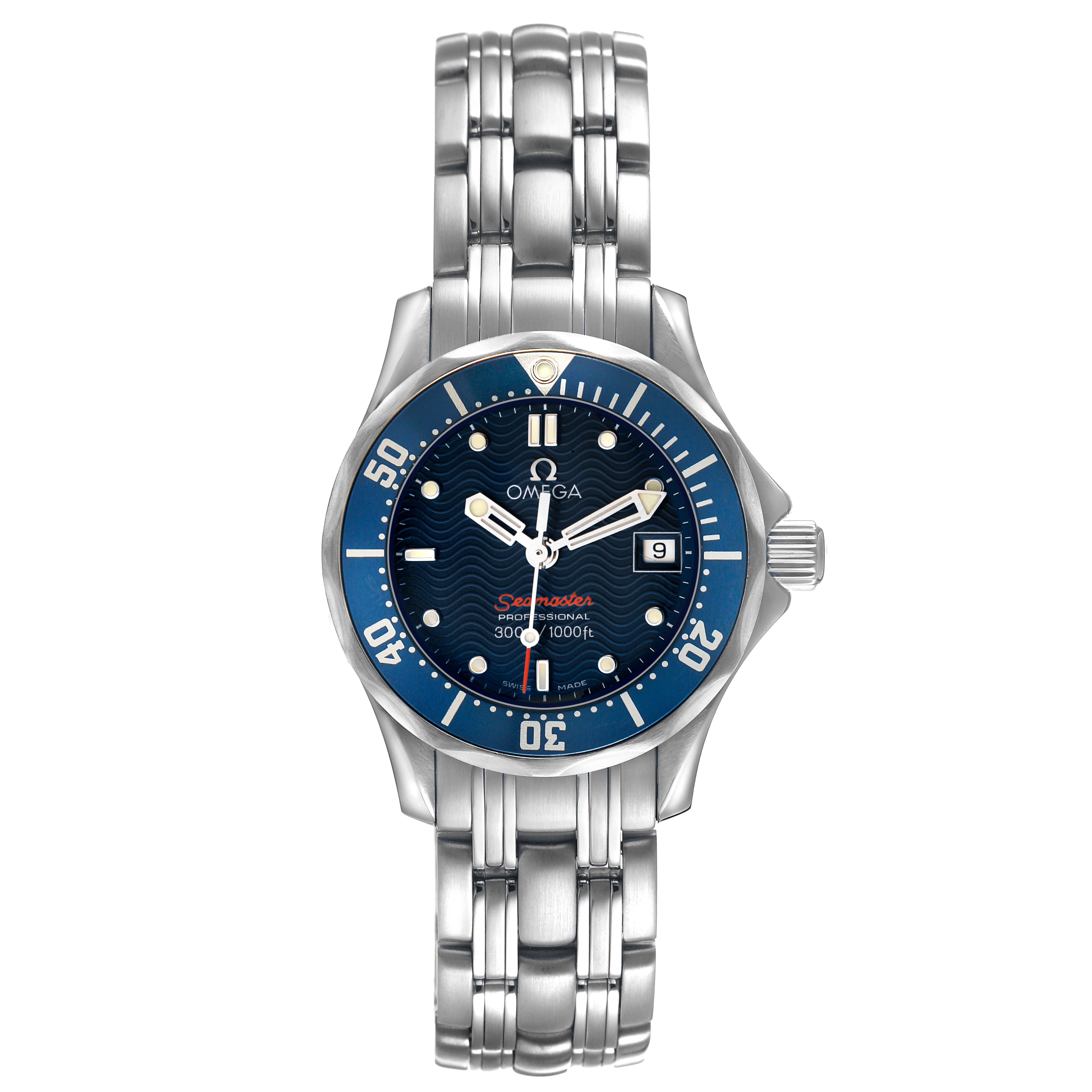 The Omega 2224.80.00 Women's Stainless Steel Blue Dial Seamaster Diver 300M is shown from the front, highlighting the blue dial, bezel, and stainless steel bracelet.