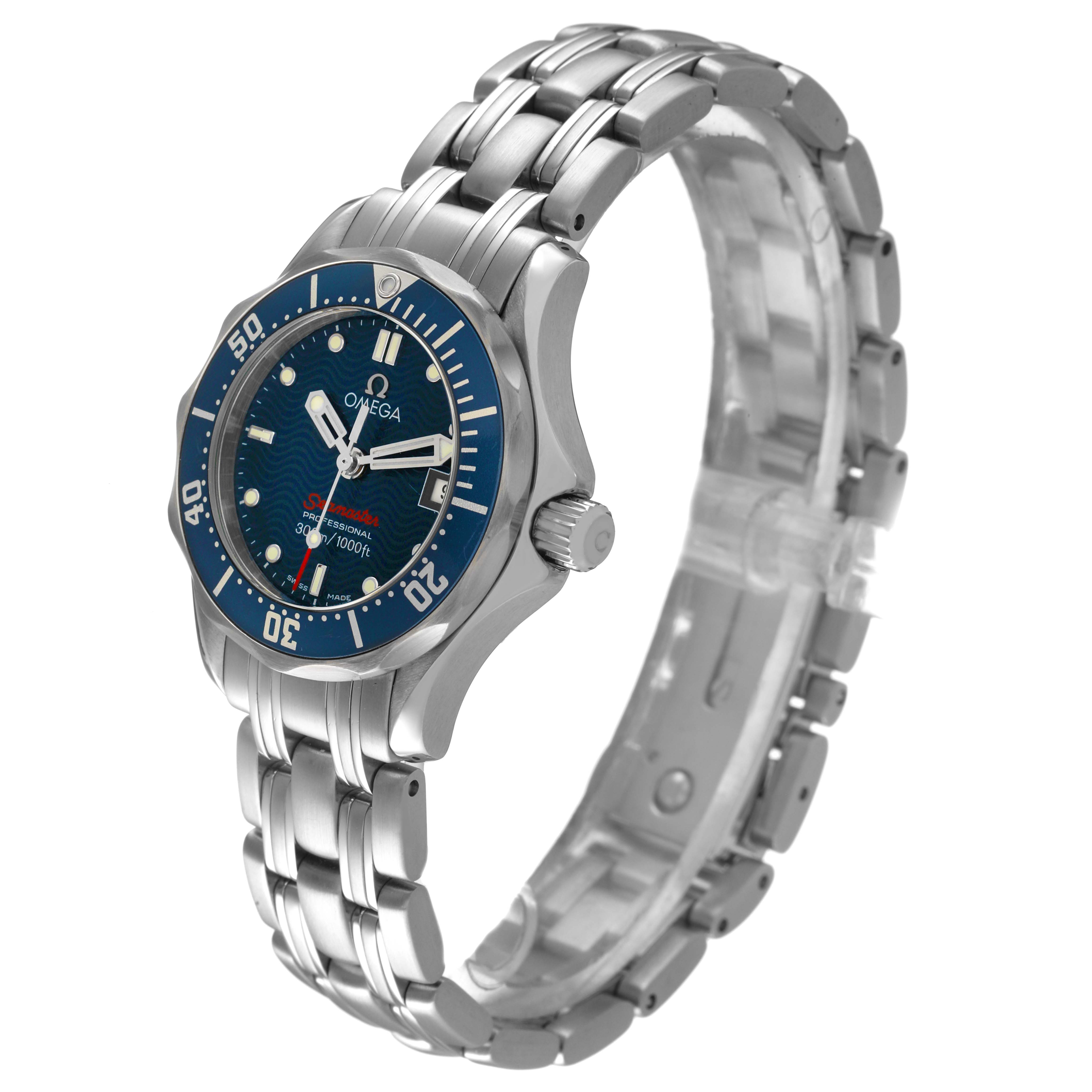 The Omega 2224.80.00 Women's Stainless Steel Blue Dial Seamaster Diver 300M Steel Blue Dial watch is shown at an angled side view, highlighting the dial, bezel, case, and bracelet.