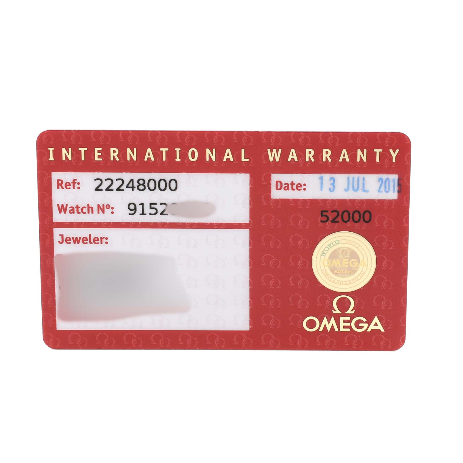 The image shows an Omega 2224.80.00 Women's Stainless Steel Blue Dial International Warranty card for the Seamaster Diver 300M, model 2224.80.00.