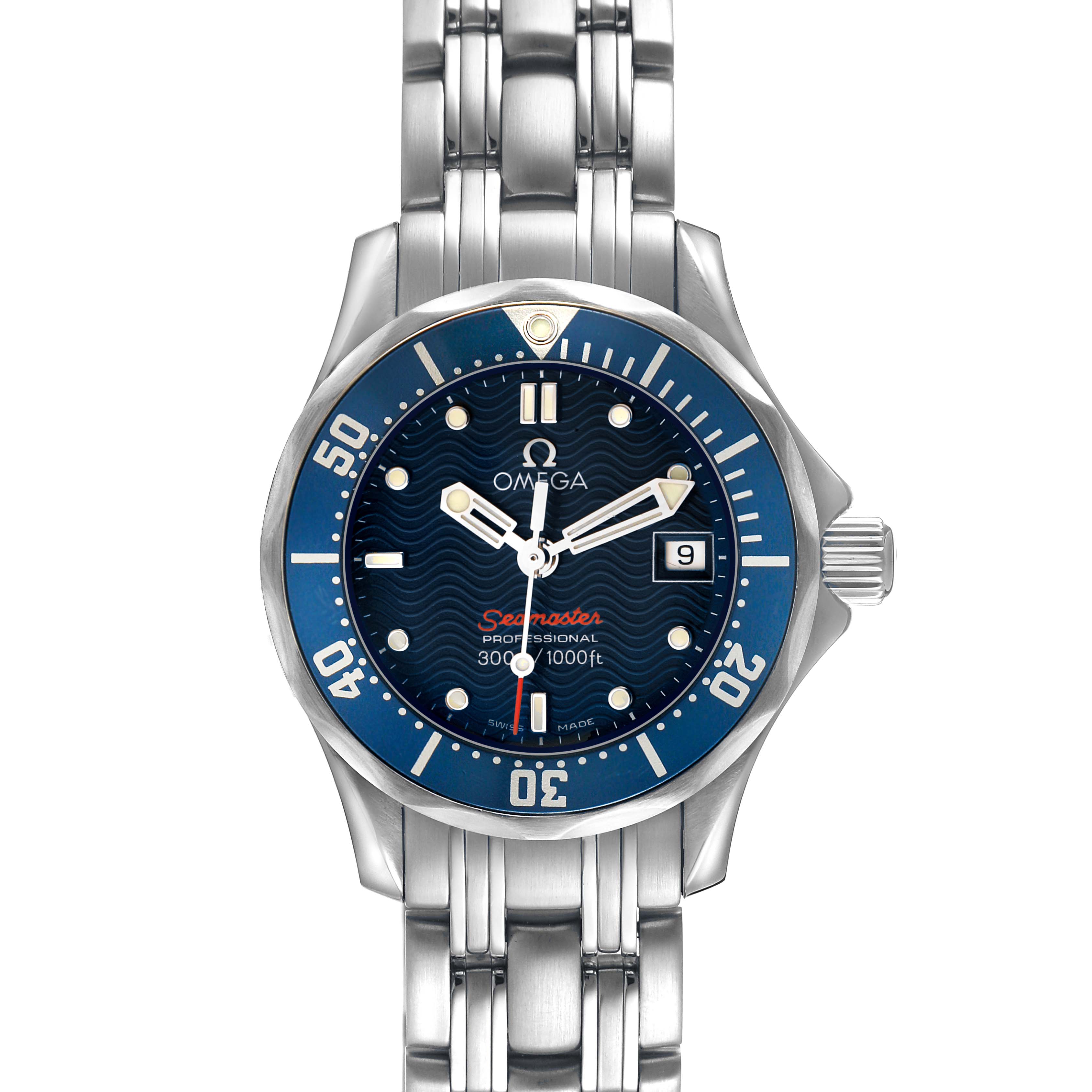 The Omega 2224.80.00 Women's Stainless Steel Blue Dial Seamaster Diver 300M Steel Blue Dial Ladies Watch 2224.80.00 is shown from the front, displaying its dial, bezel, and bracelet.