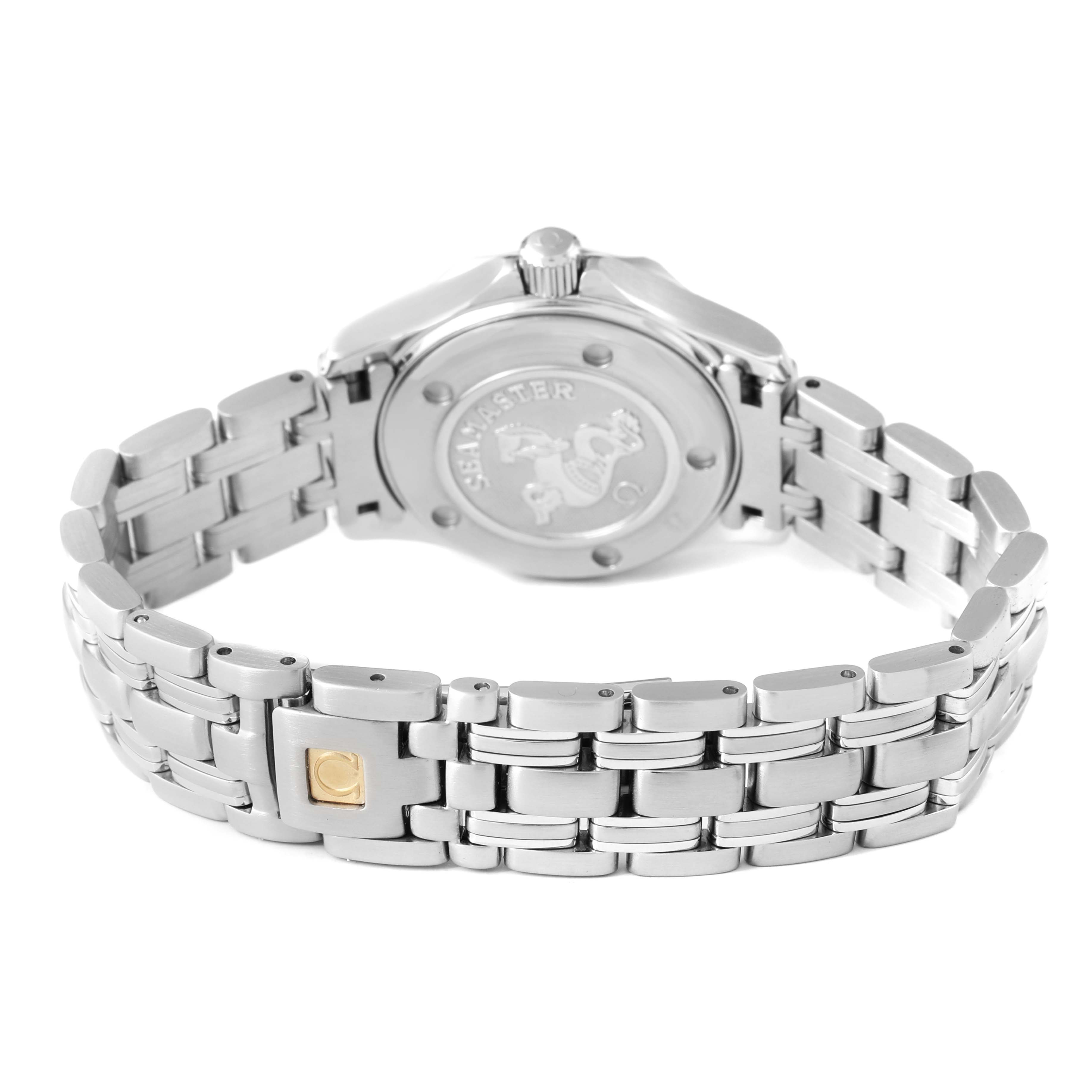 The image shows the back view of the Omega 2224.80.00 Women's Stainless Steel Blue Dial Seamaster Diver 300M, highlighting the bracelet and case back.