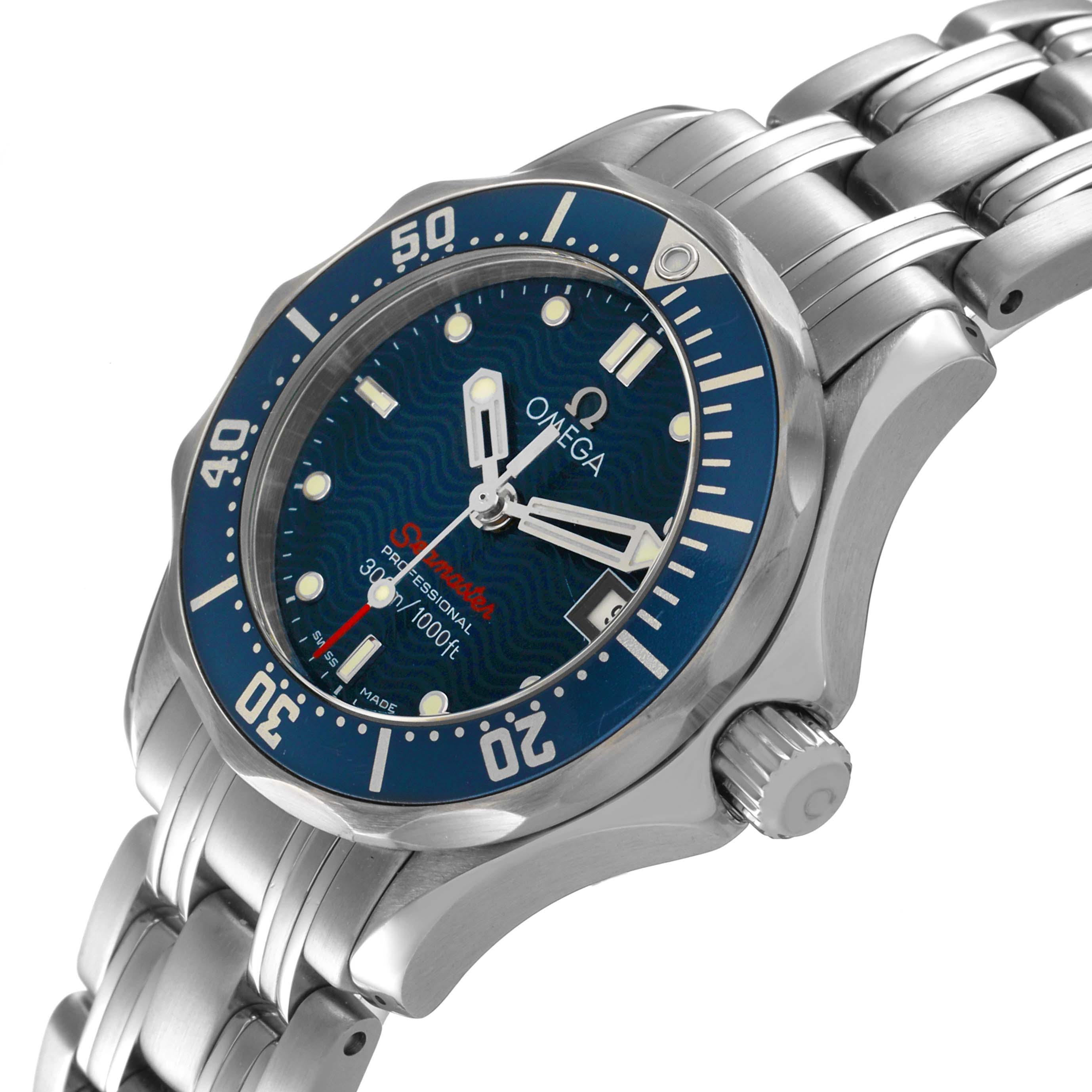 The Omega 2224.80.00 Women's Stainless Steel Blue Dial Seamaster Diver 300M shows a side angle, highlighting the steel bracelet, bezel, crown, and blue dial.