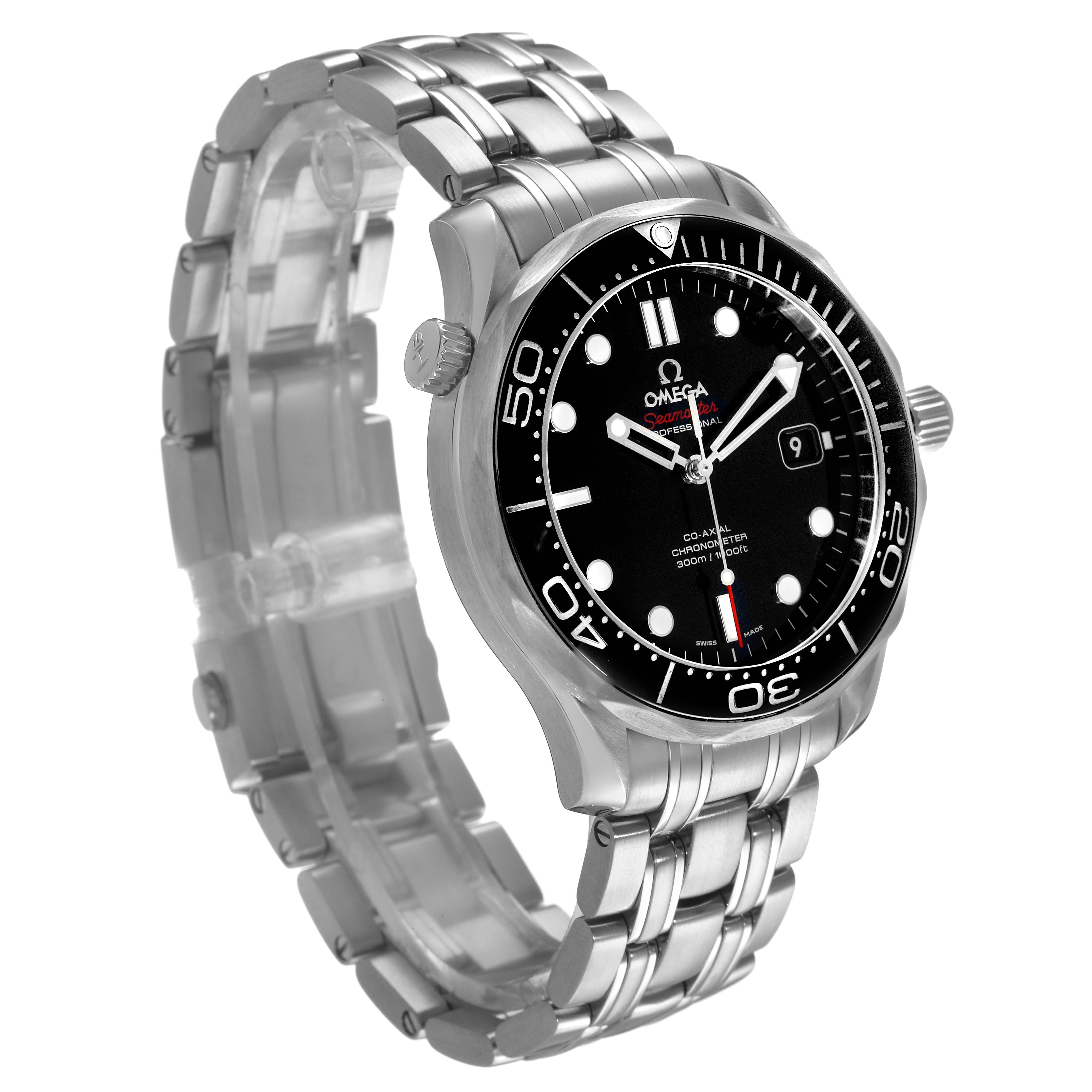 The Omega Seamaster 212.30.41.20.01.003 Men's Stainless Steel Black Dial watch is shown at a three-quarter angle displaying its face, bezel, crown, and metal bracelet.