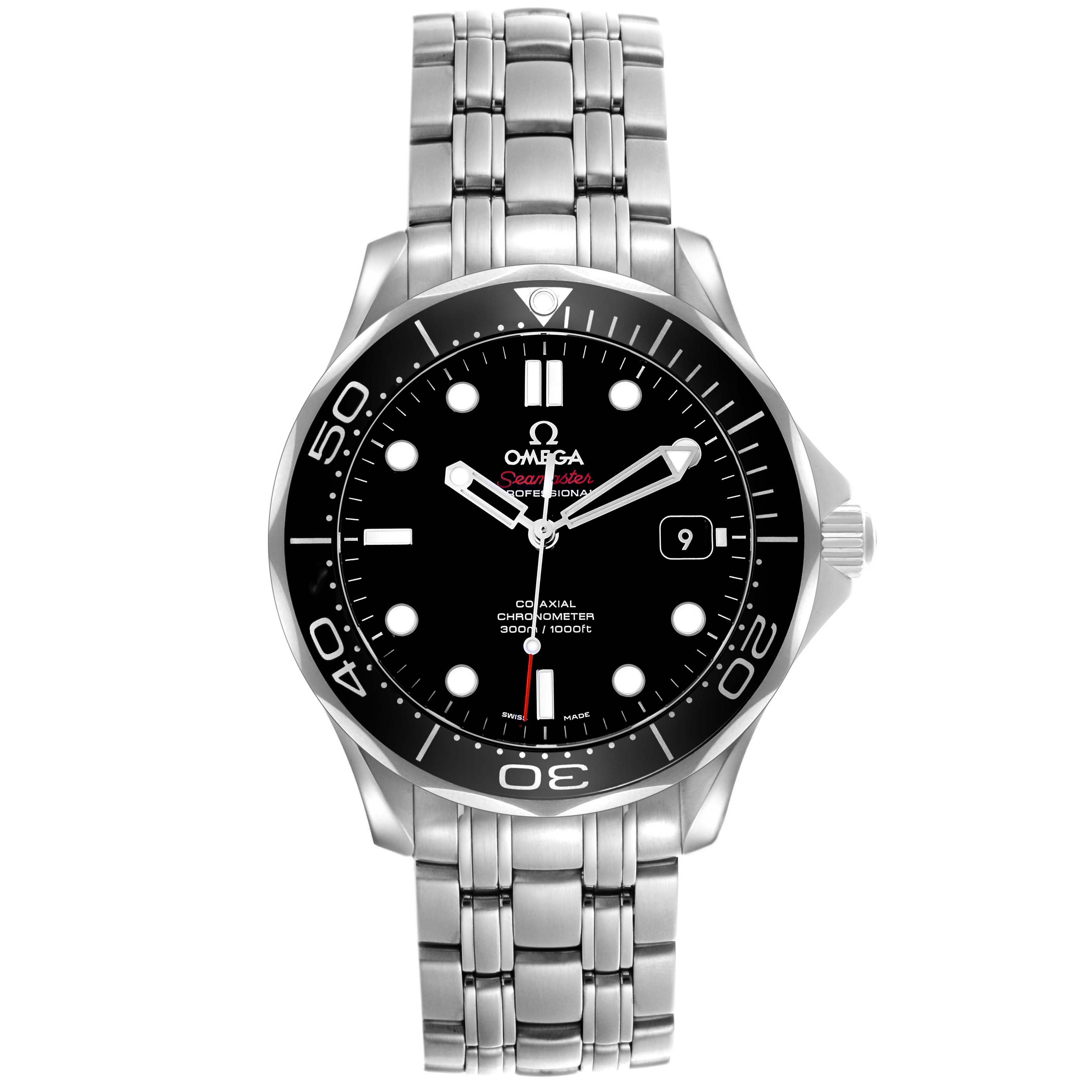 The Omega Seamaster 212.30.41.20.01.003 Men's Stainless Steel Black Dial watch is shown from a front angle, highlighting the dial, bezel, and stainless steel bracelet.