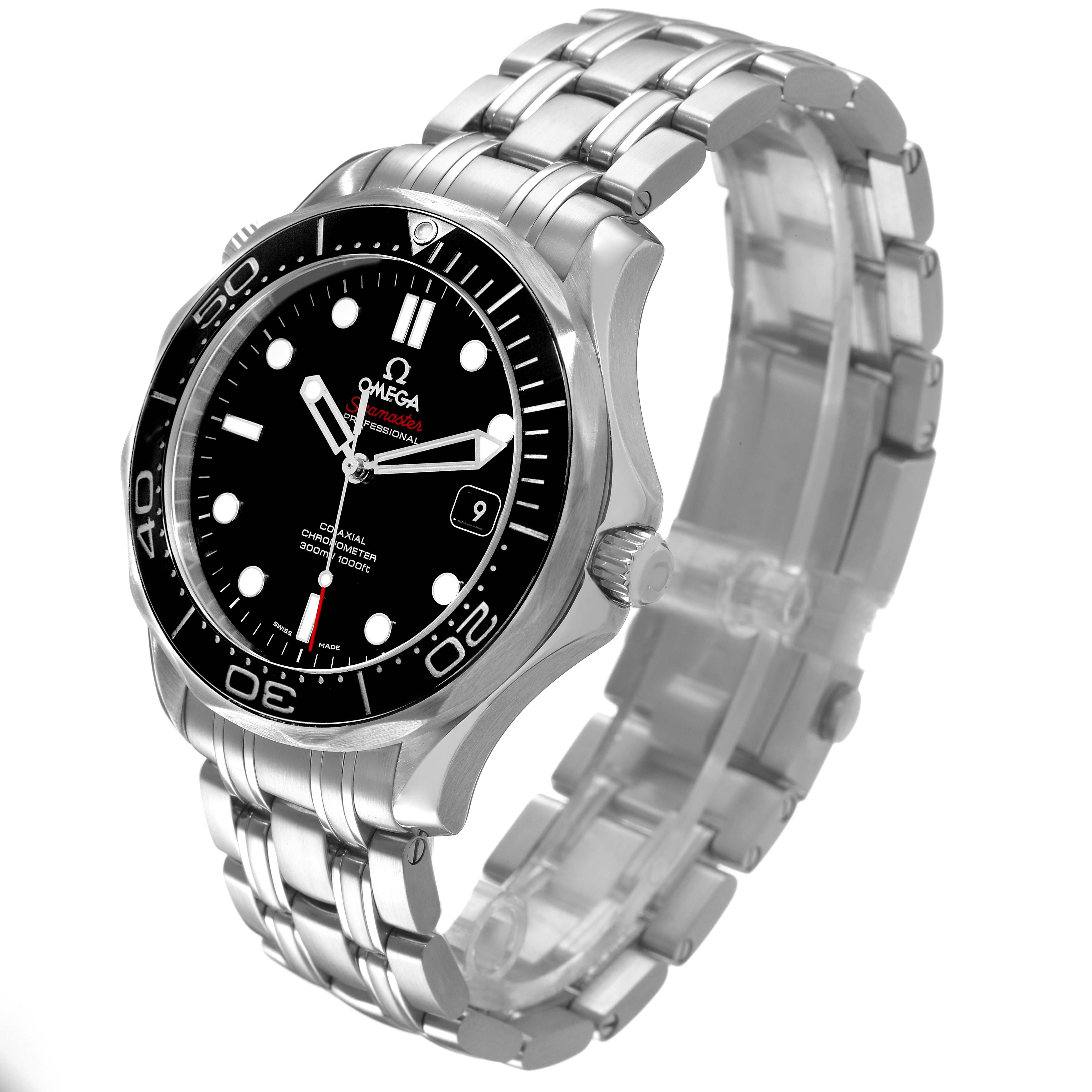 The Omega Seamaster 212.30.41.20.01.003 Men's Stainless Steel Black Dial watch is shown at a three-quarter angle, highlighting the face, bezel, and bracelet.