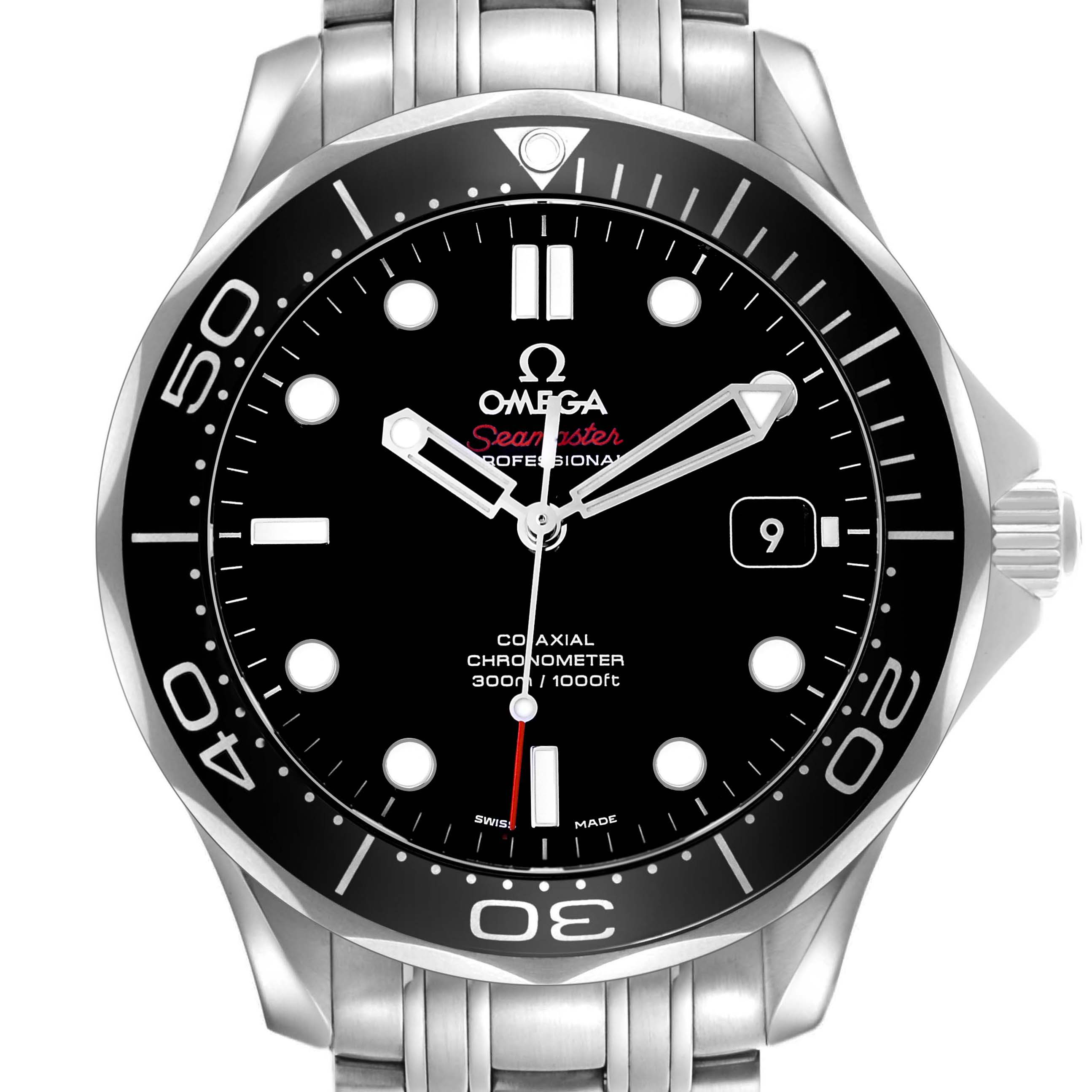 The Omega Seamaster 212.30.41.20.01.003 Men's Stainless Steel Black Dial watch is shown from a front angle, highlighting the dial, bezel, and bracelet.