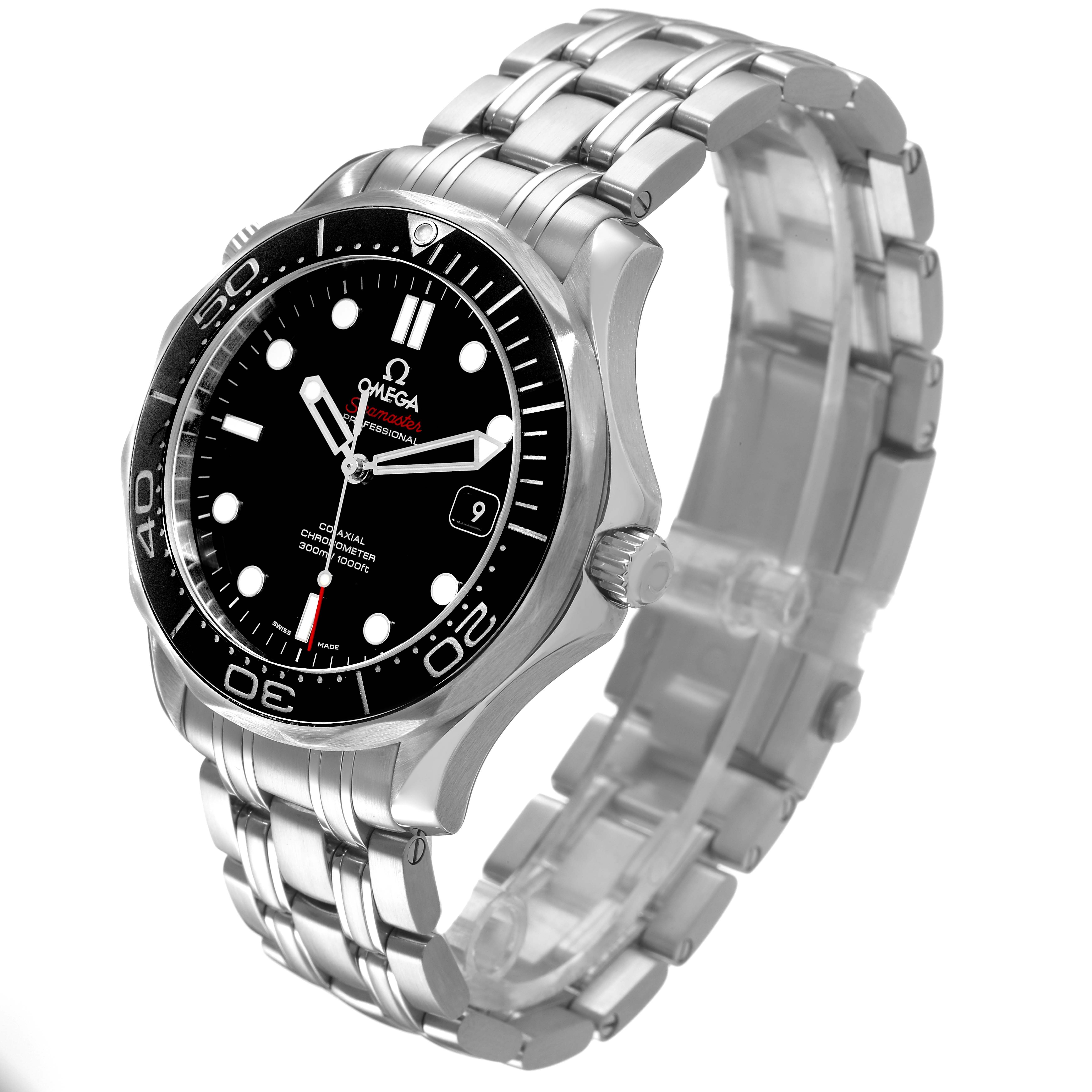 The Omega Seamaster 212.30.41.20.01.003 Men's Stainless Steel Black Dial watch is shown at a three-quarter angle, displaying the dial, bezel, and stainless steel bracelet.