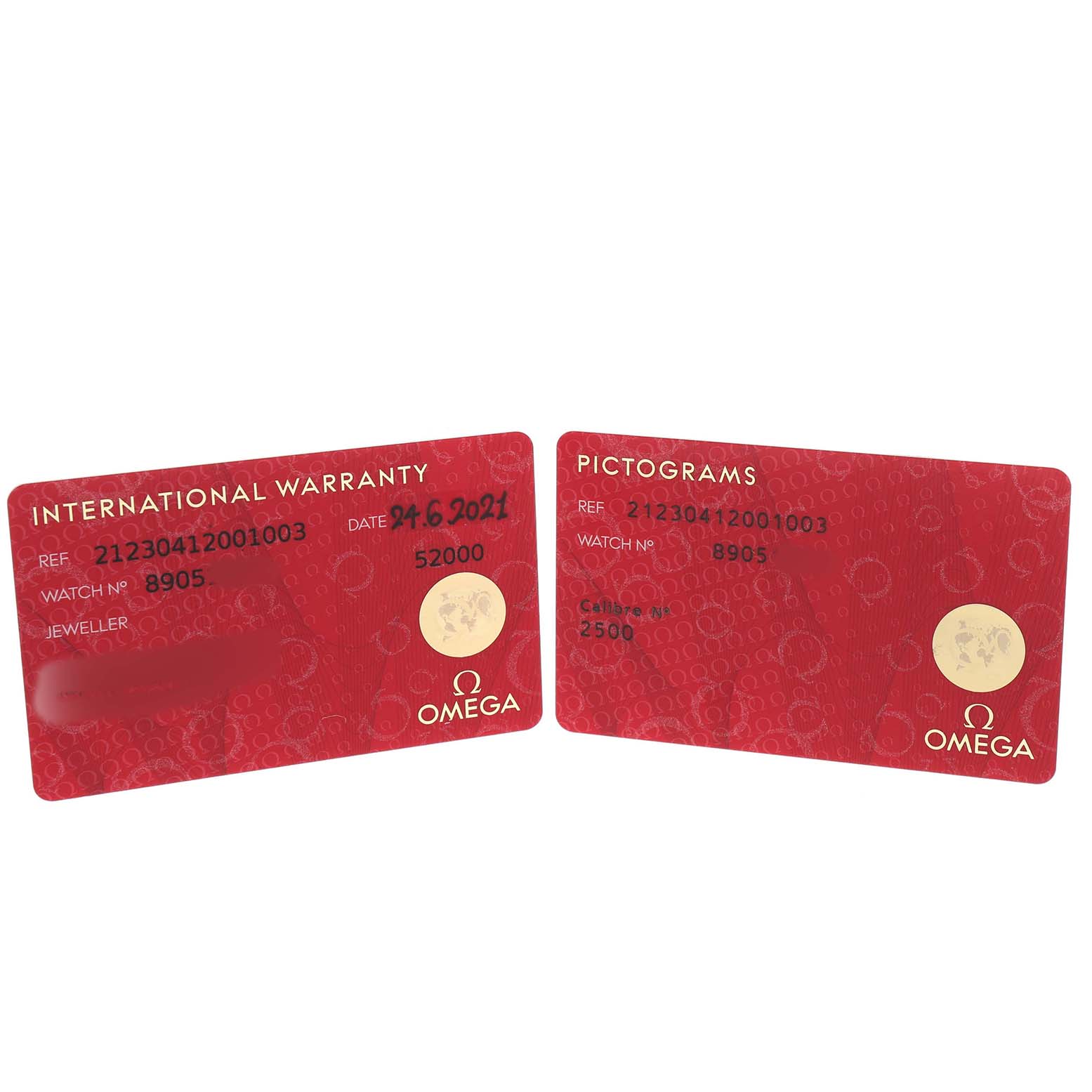 The image shows International Warranty and Pictograms cards for the Omega Seamaster 212.30.41.20.01.003 Men's Stainless Steel Black Dial, displayed from the front.