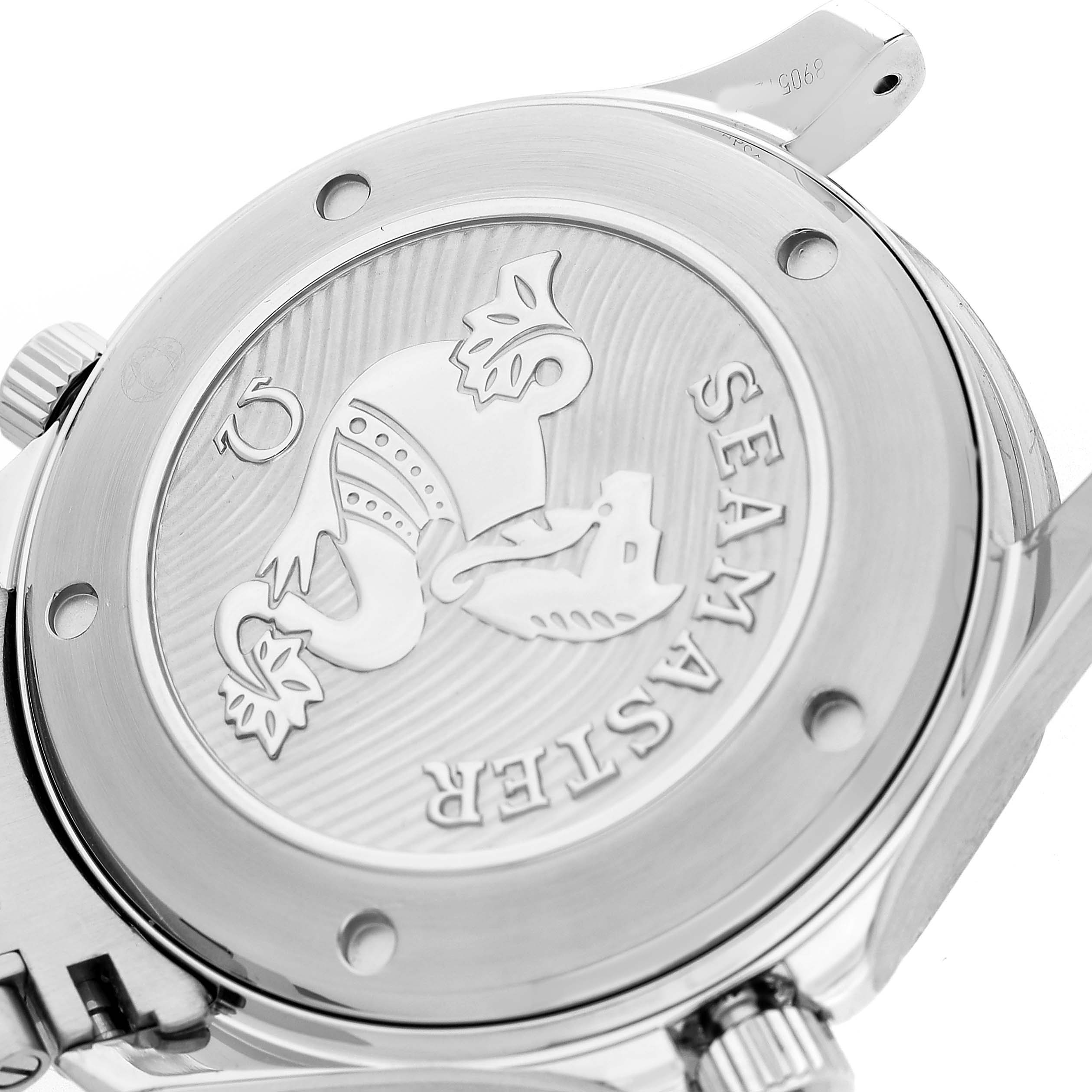 The image shows the case back of an Omega Seamaster 212.30.41.20.01.003 Men's Stainless Steel Black Dial, featuring its engraved emblem and part of the crown.