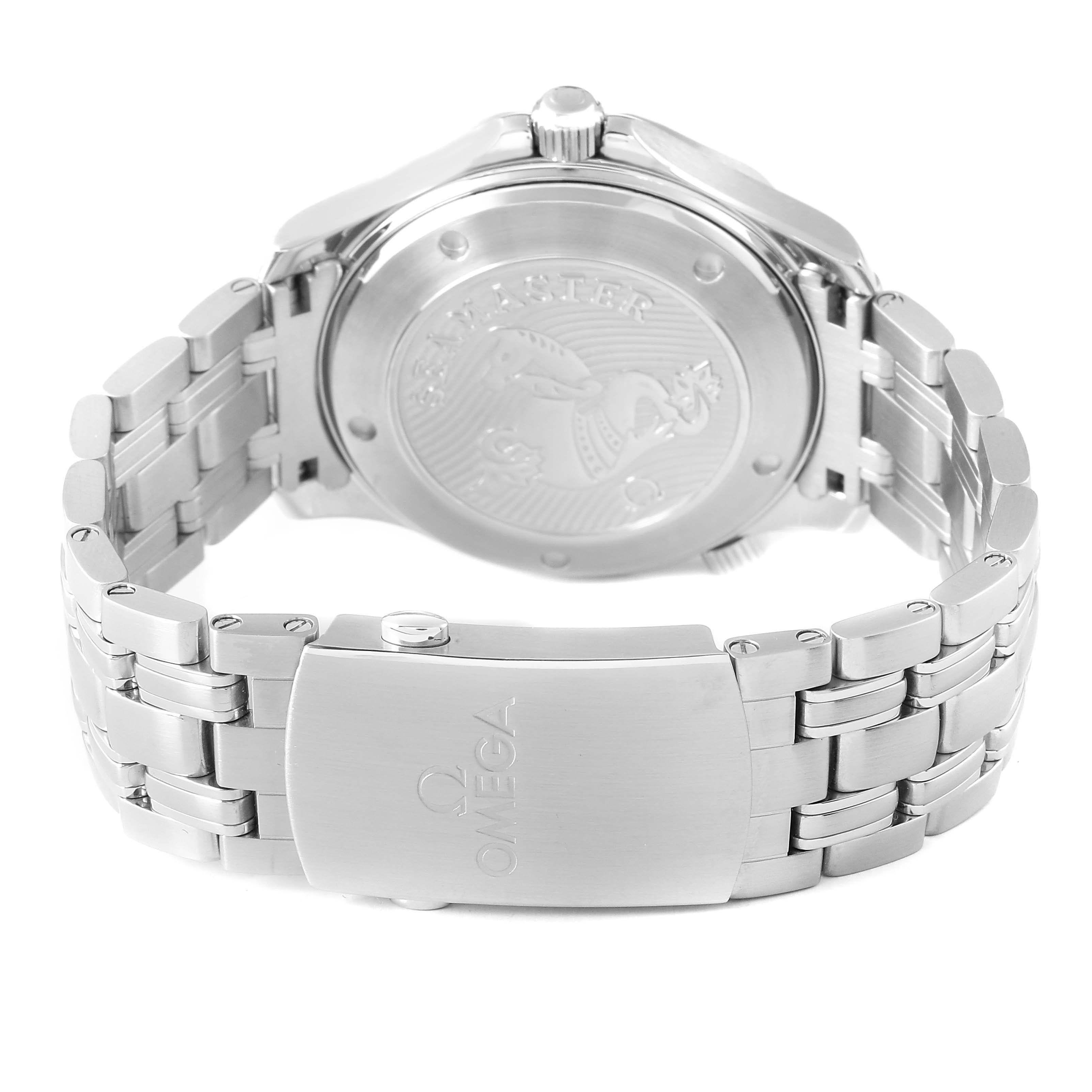 The image shows the back of the Omega Seamaster 212.30.41.20.01.003 Men's Stainless Steel Black Dial watch, displaying the case back and metal bracelet clasp.