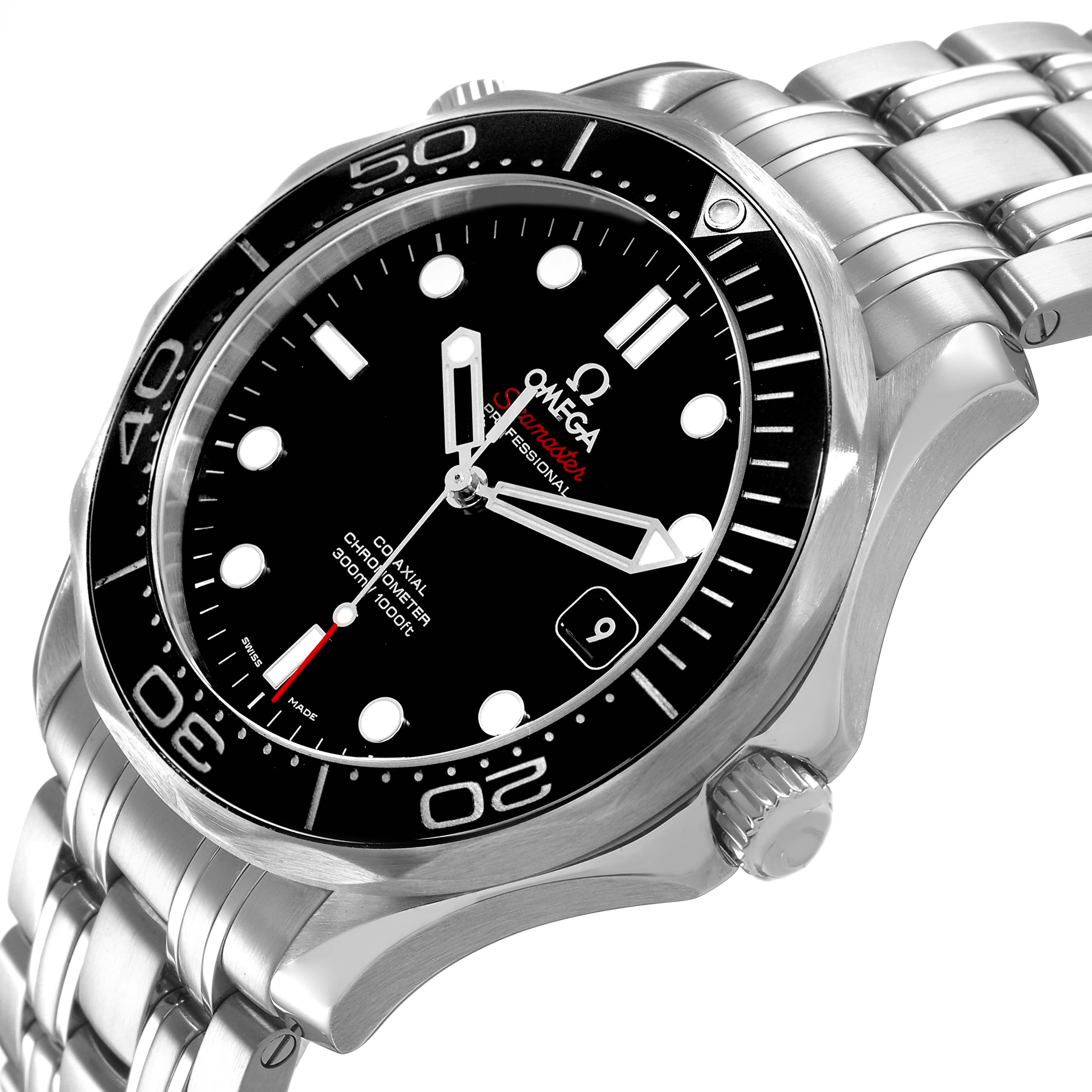 The image shows an angled view of the Omega Seamaster 212.30.41.20.01.003 Men's Stainless Steel Black Dial watch, highlighting its bezel, dial, crown, and bracelet.