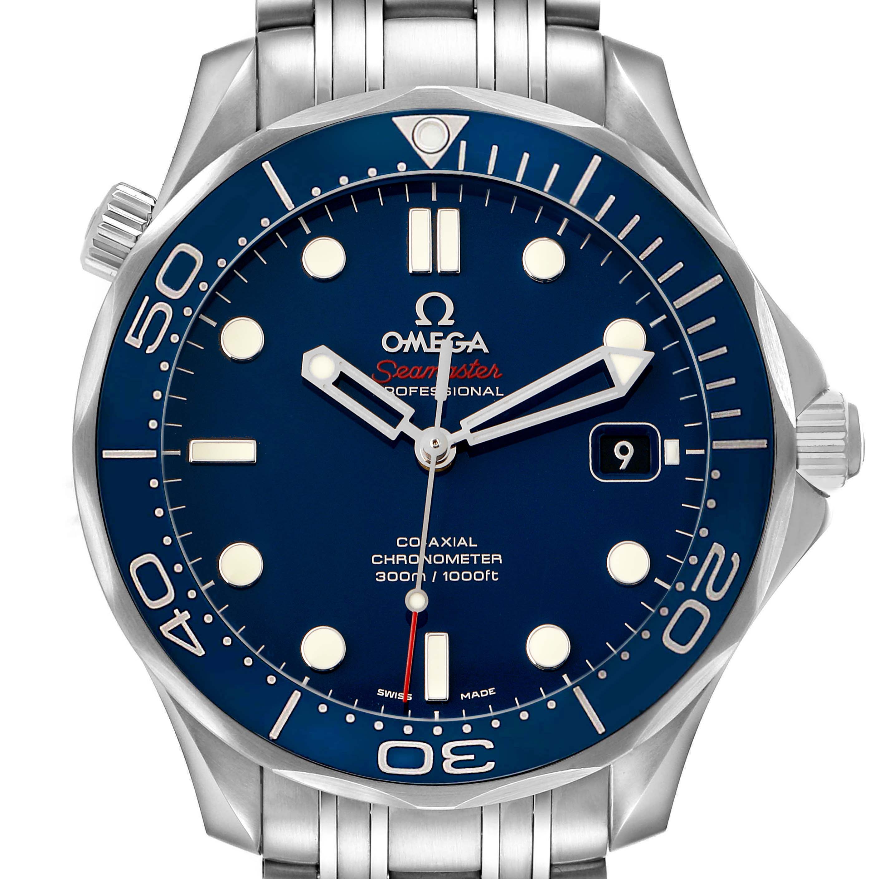 The Omega Seamaster 212.30.41.20.03.001 Men's Stainless Steel Blue Dial watch is shown from a front angle, highlighting the dial, bezel, crown, and bracelet.
