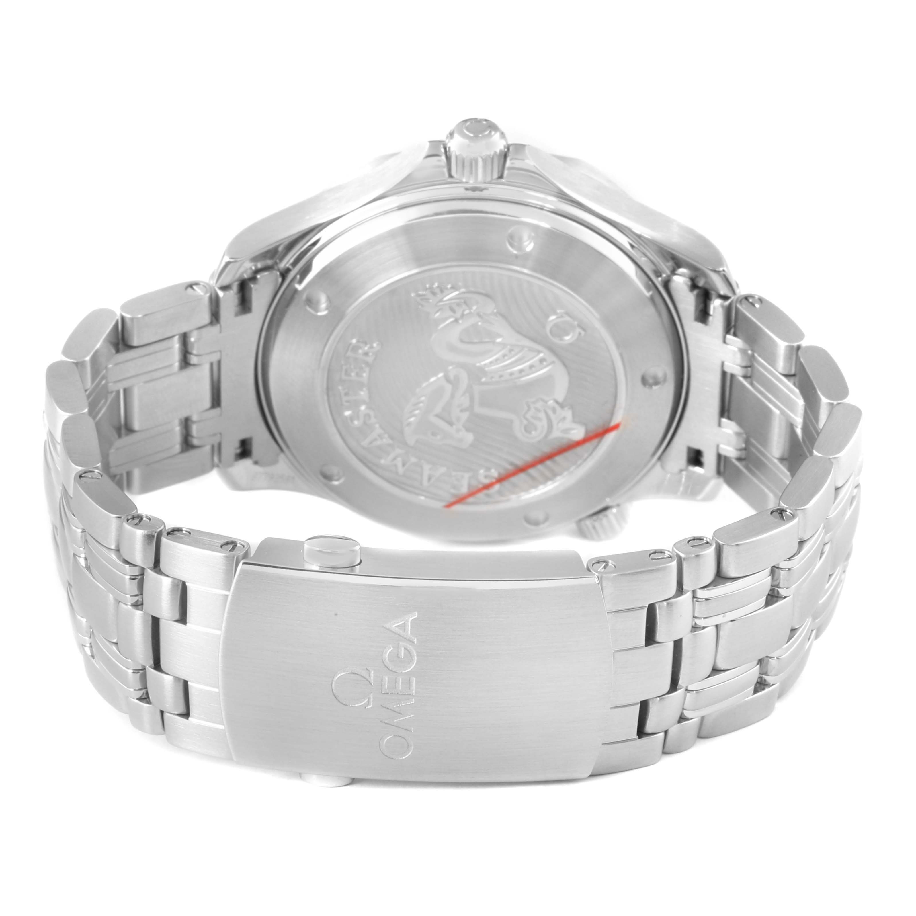 The image shows the back of the Omega Seamaster 212.30.41.20.03.001 Men's Stainless Steel Blue Dial watch, highlighting the clasp, bracelet, and engraved case back.