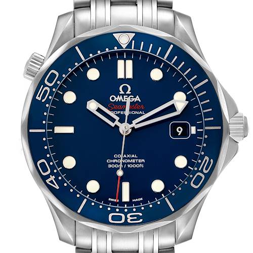 The Omega Seamaster 212.30.41.20.03.001 Men's Stainless Steel Blue Dial watch is shown from the front, displaying its blue dial, bezel, hands, markers, and the metal bracelet.
